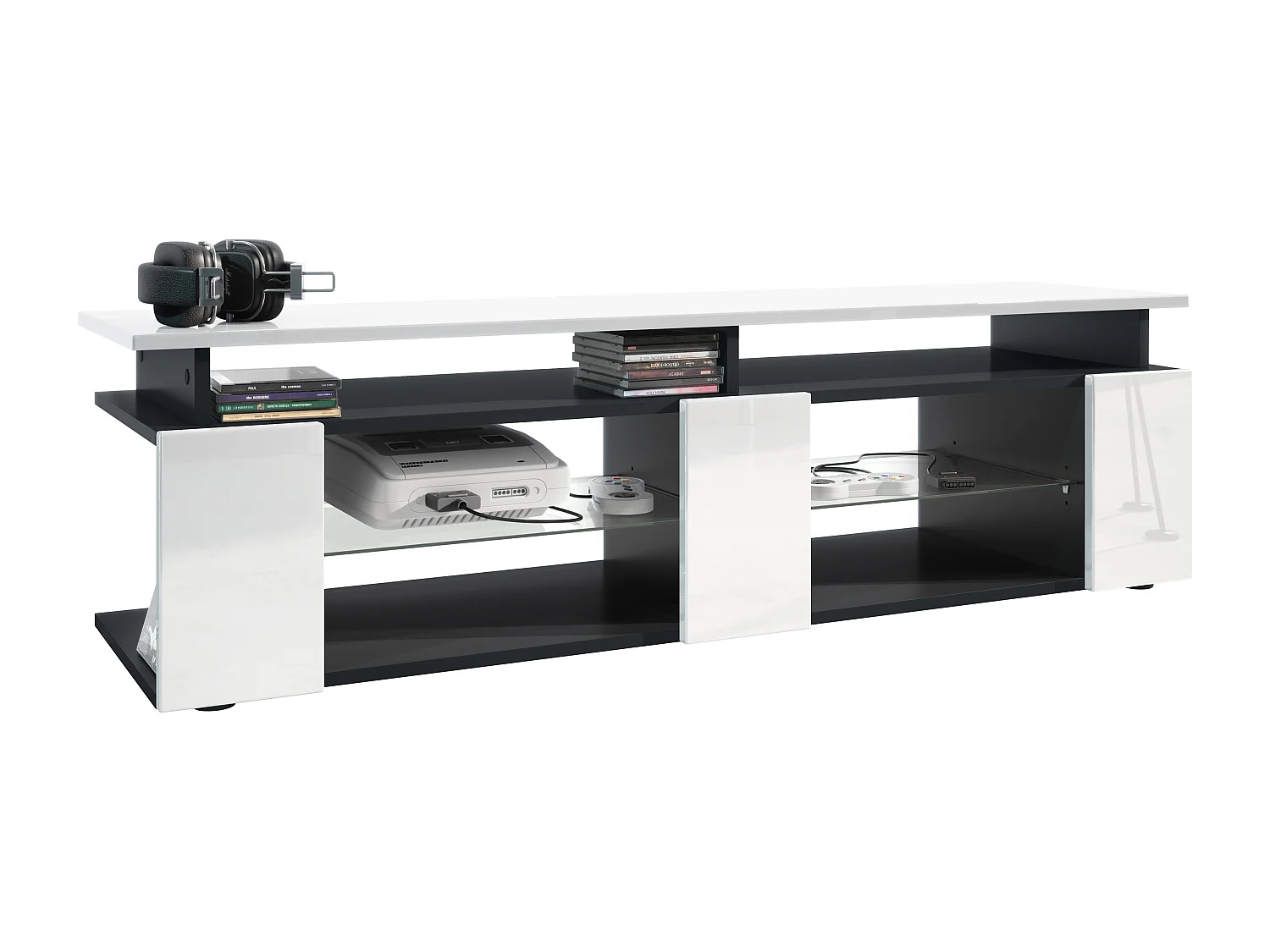 TV Board Movie V2 Game On Lowboard 138,5 x 39 x 39 cm , caisson en noir mat, façades en blanc haute brillance