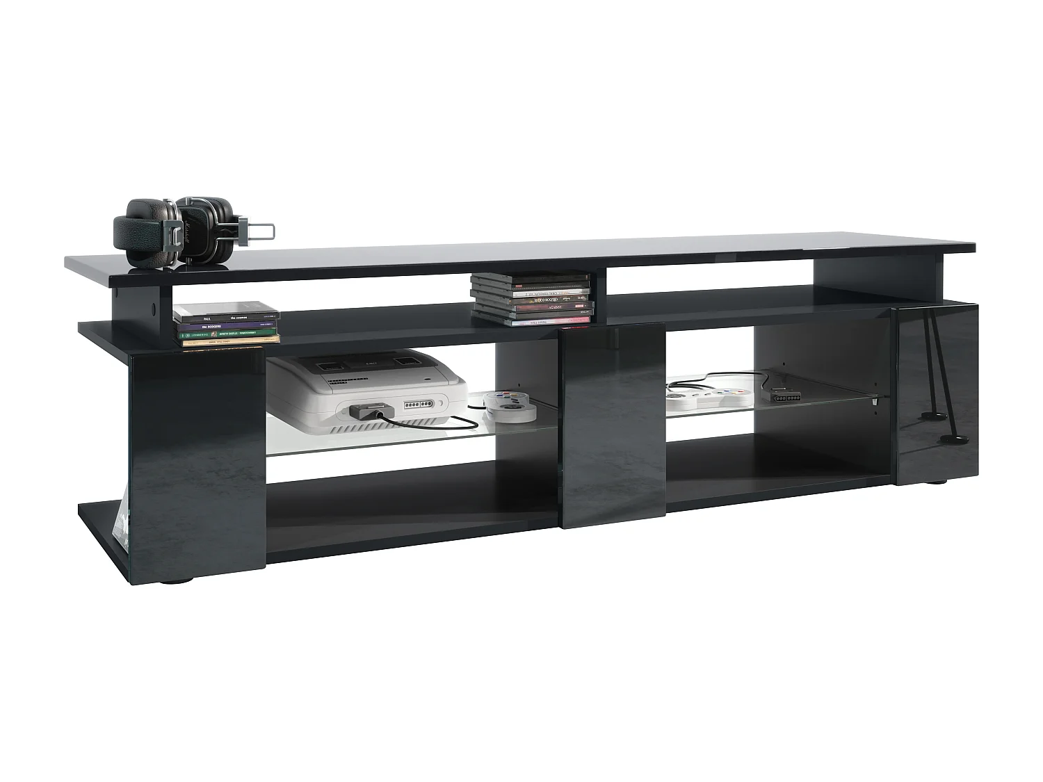 TV Board Movie V2 Game On Lowboard 138,5 x 39 x 39 cm , caisson en noir mat, façades en noir haute brillance