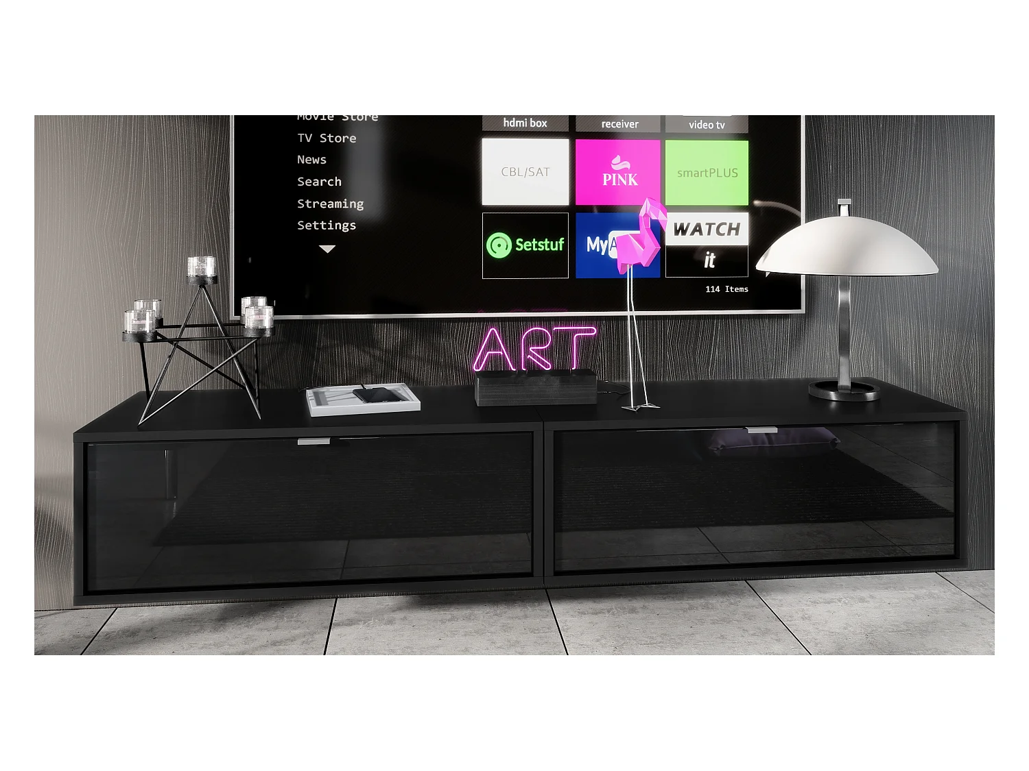 Ensemble de 2 set meuble TV Lana 80, lowboards de 80 x 29 x 37 cm chacun avec beaucoup d'espace de rangement, caisson en Noir mat, façades en Noir haute brillance