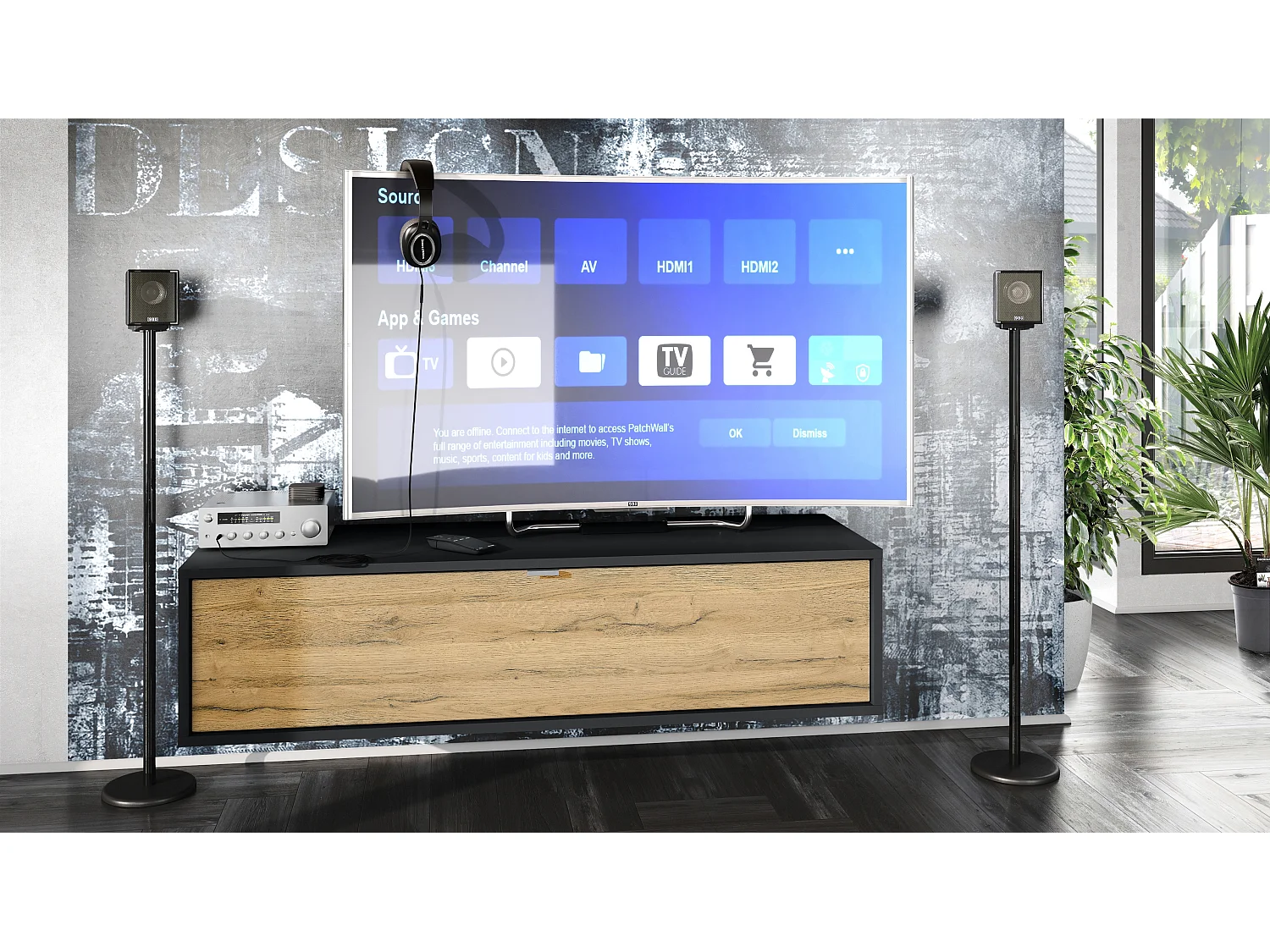 Meuble TV Lana 120 armoire murale lowboard 120 x 29 x 37 cm, caisson en Noir mat, façades en chêne nature | Grand choix de couleurs