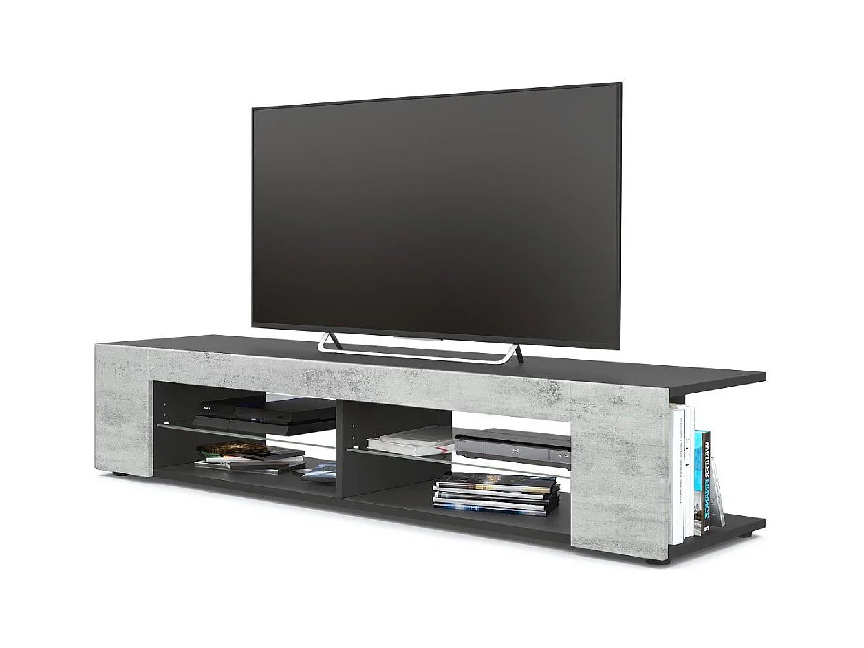 Buffet bas Movie, Meuble TV avec 4 compartiments ouverts et placages décoratifs, Noir mat/Aspect Béton Oxyde (134 x 29 x 39 cm)