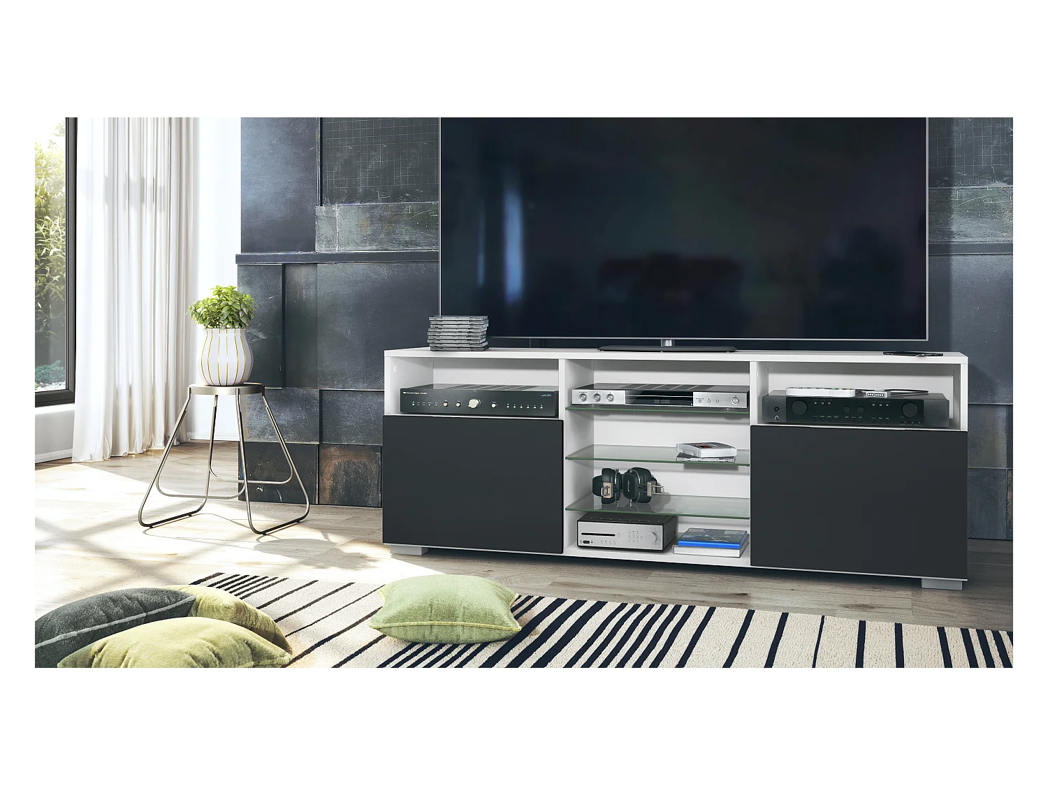 Meuble TV Granada, Lowboard avec 2 portes et 6 compartiments ouverts, corps blanc mat, façades en noir mat (146 x 54 x 35 cm)