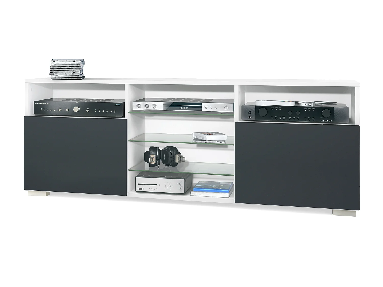 Meuble TV Granada, Lowboard avec 2 portes et 6 compartiments ouverts, corps blanc mat, façades en noir mat (146 x 54 x 35 cm)