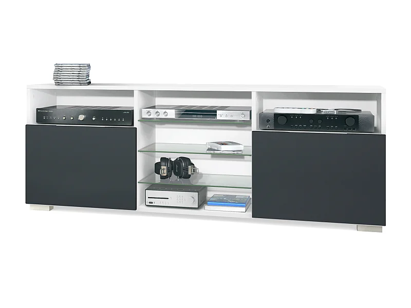 Tavolino TV Granada, mobile per televisore con 2 ante e 6 vani a giorno, mobile bianco opaco, frontali in nero opaco (146 x 54 x 35 cm)