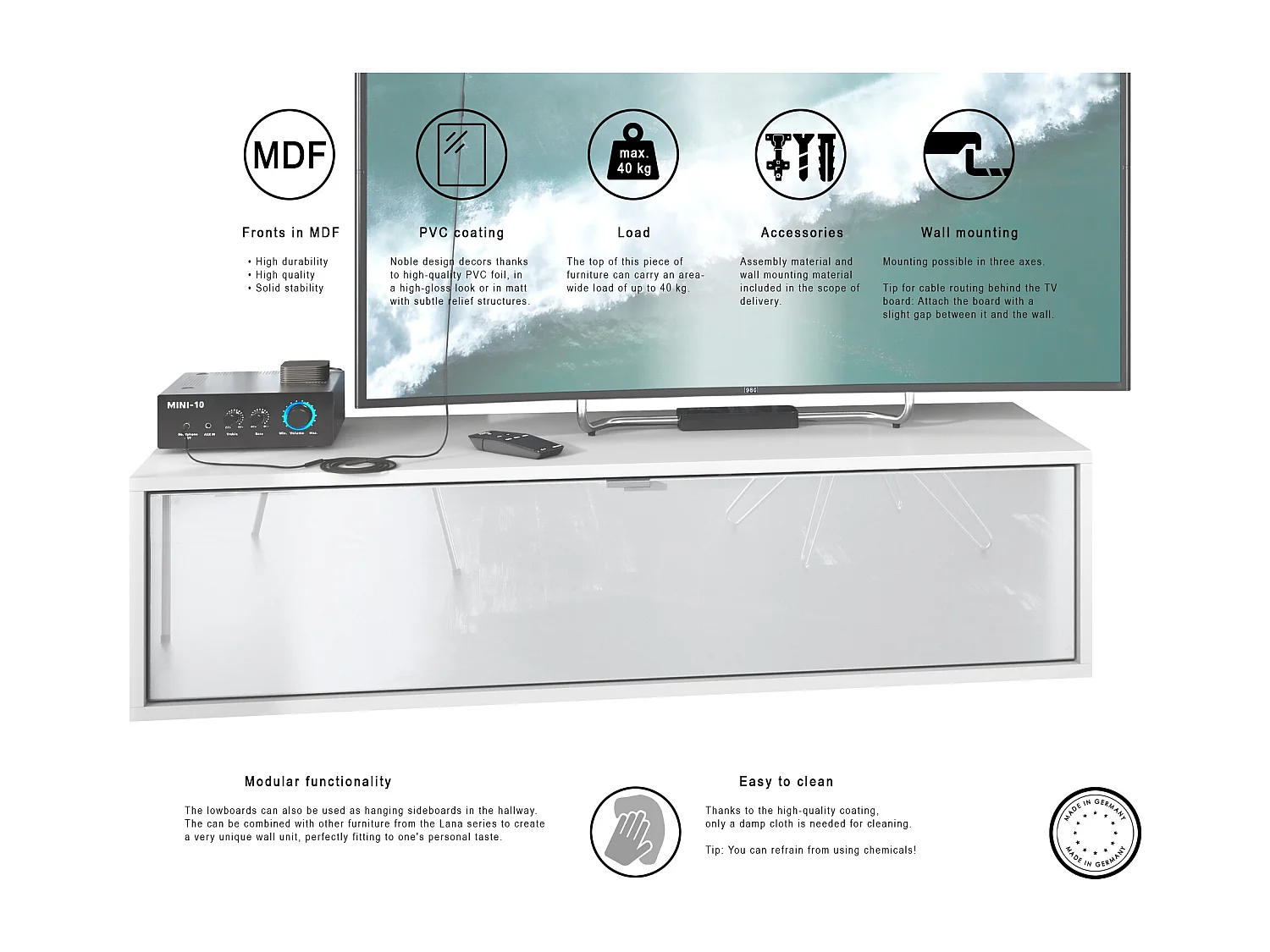 TV Board Lana 120 mobile da parete Porta TV 120 x 29 x 37 cm, struttura in bianco opaco, frontali in grigio ossido di cemento | Ampia scelta di colori