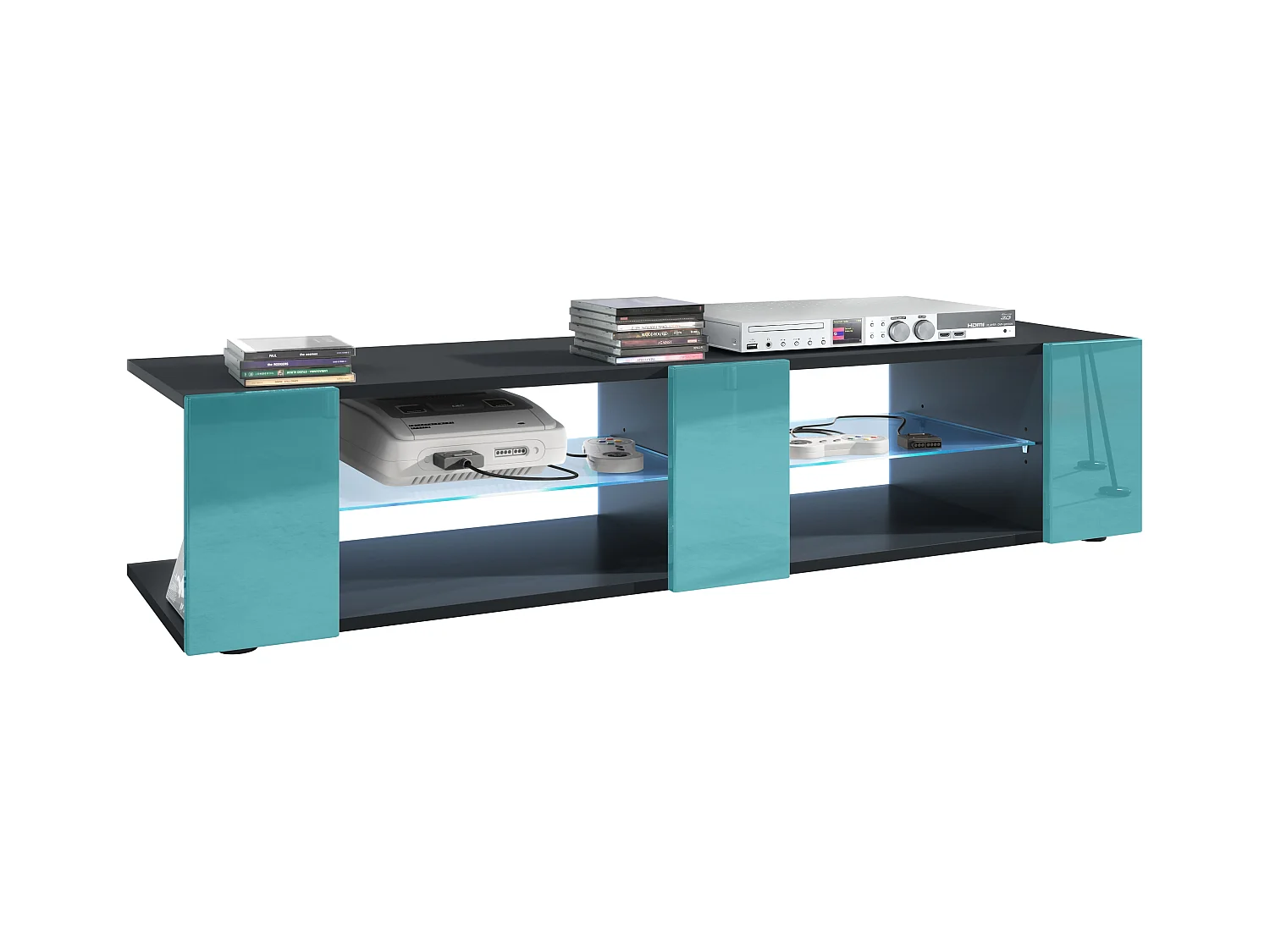 Meuble TV Armoire basse Movie V2, Corps en Noir mat / Façades en Turquoise haute brillance avec l'éclairage LED en Bleu