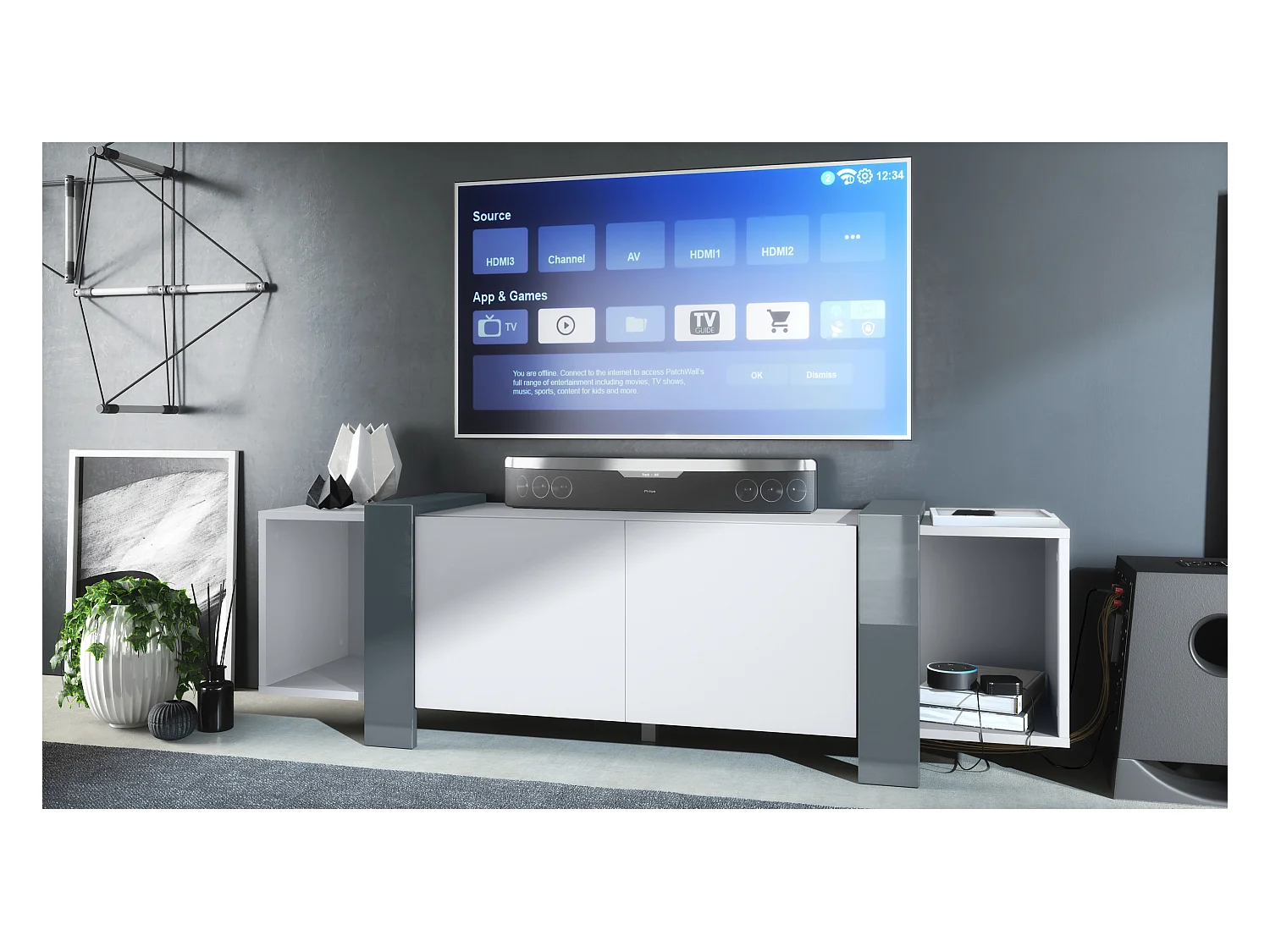 Lowboard Ida 149 x 45,5 x 34 cm Buffet TV avec 4 compartiments et portes PTO, caisson en blanc mat, façades en Gris haute brillance | Grand choix de couleurs