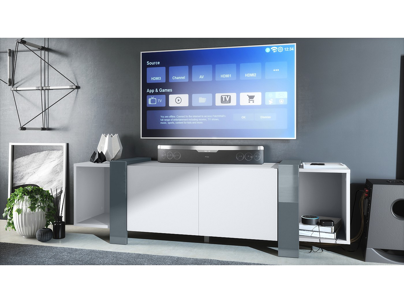 Set di mobili TV Lana 140 a parete Porta TV ciascuno 140 x 29 x 37 cm, struttura in nero opaco, frontali in grigio sabbia High Gloss | Ampia scelta di colori