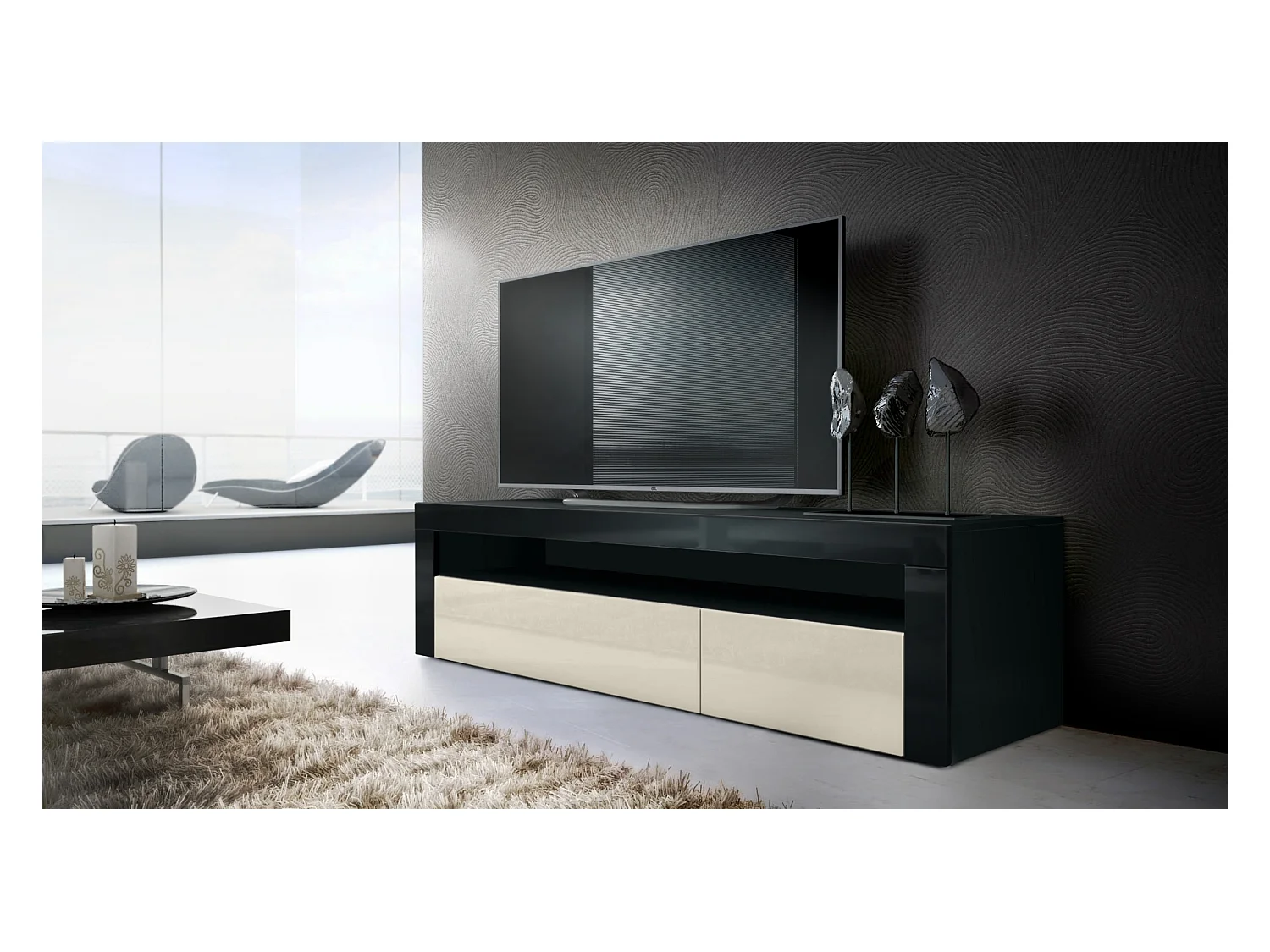 Buffet bas Valencia, Meuble TV avec 1 compartiment ouvert et 2 clapets, Noir mat/crème haute brillance/noir haute brillance (155 x 46 x 40 cm)