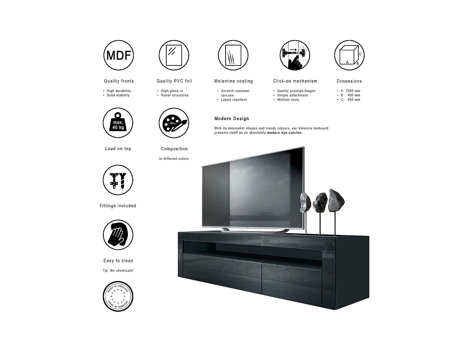 Buffet bas Valencia, Meuble TV avec 1 compartiment ouvert et 2 clapets, Noir mat/crème haute brillance/noir haute brillance (155 x 46 x 40 cm)