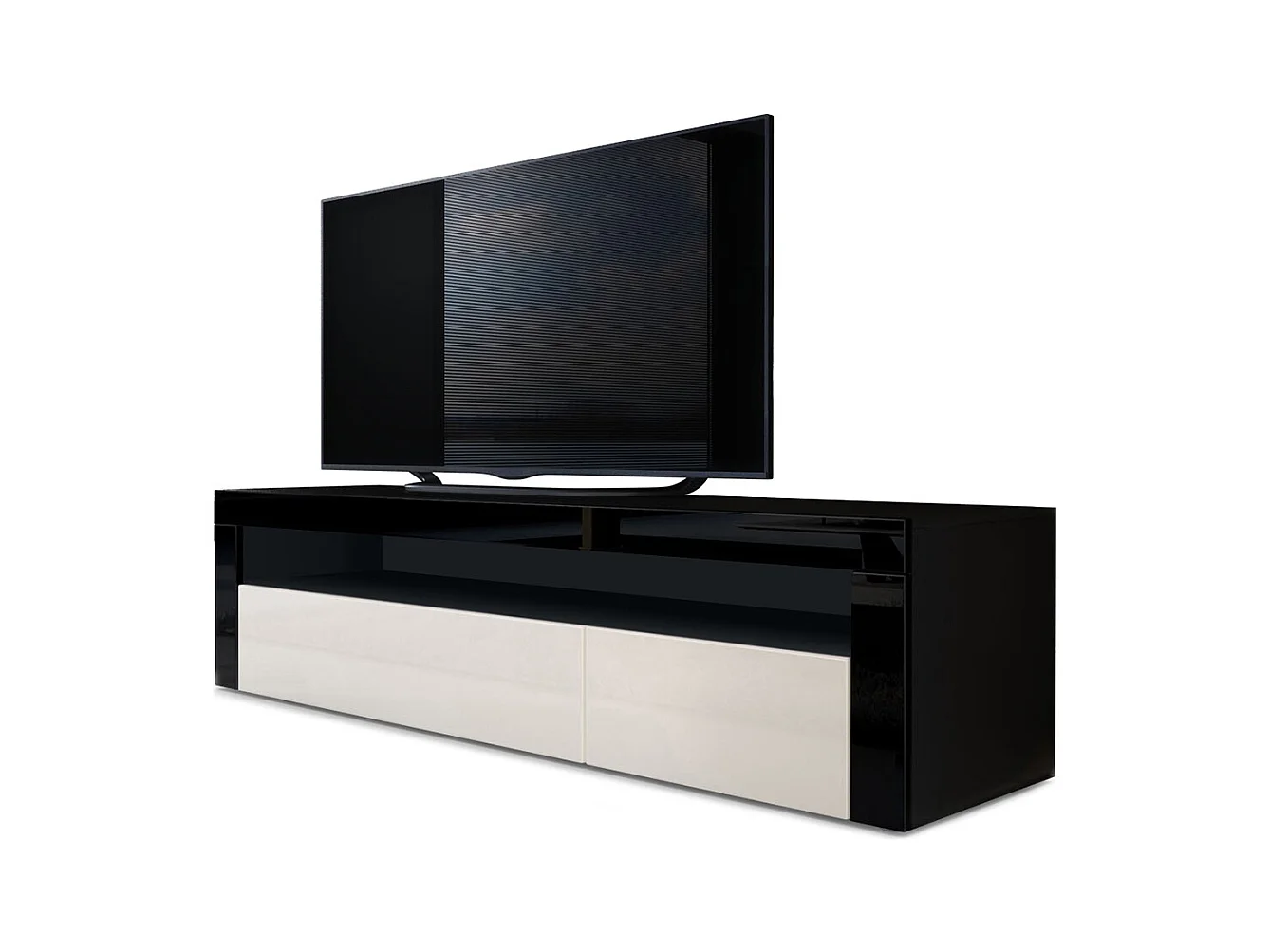 Buffet bas Valencia, Meuble TV avec 1 compartiment ouvert et 2 clapets, Noir mat/crème haute brillance/noir haute brillance (155 x 46 x 40 cm)