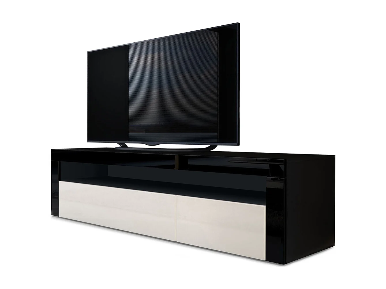 Buffet bas Valencia, Meuble TV avec 1 compartiment ouvert et 2 clapets, Noir mat/crème haute brillance/noir haute brillance (155 x 46 x 40 cm)