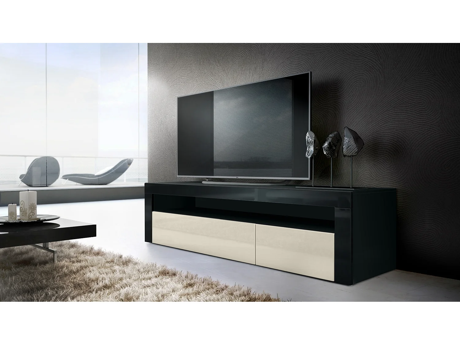 Buffet bas Valencia, Meuble TV avec 1 compartiment ouvert et 2 clapets, Noir mat/crème haute brillance/noir haute brillance (155 x 46 x 40 cm)
