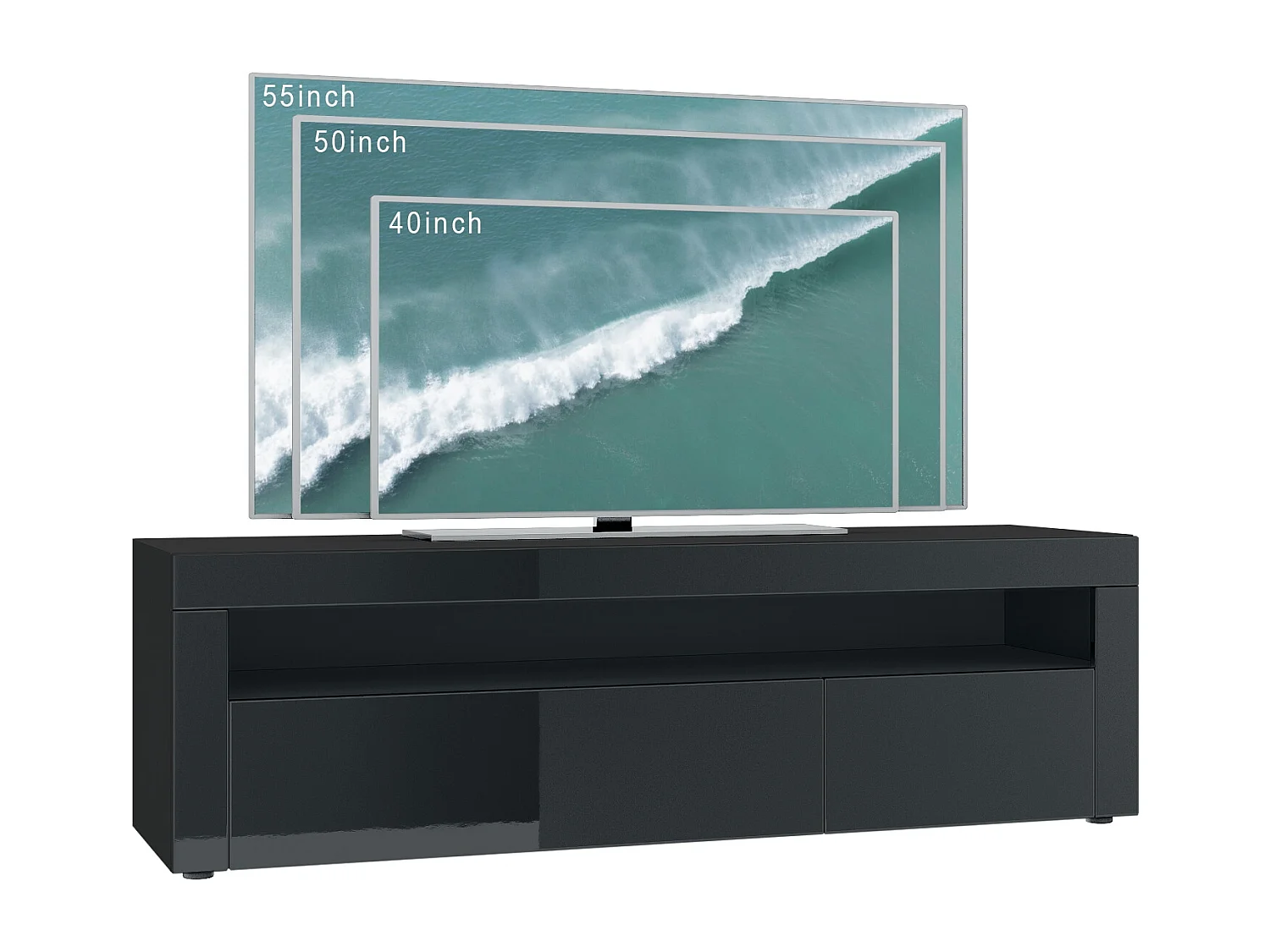 Buffet bas Valencia, Meuble TV avec 1 compartiment ouvert et 2 clapets, Noir mat/crème haute brillance/noir haute brillance (155 x 46 x 40 cm)