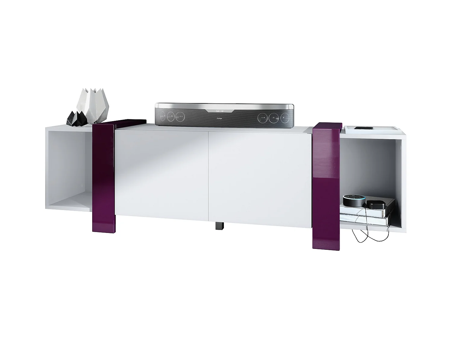 Lowboard Ida 149 x 45,5 x 34 cm Buffet TV avec 4 compartiments et portes PTO, caisson en blanc mat, façades en Mûre haute brillance | Grand choix de couleurs
