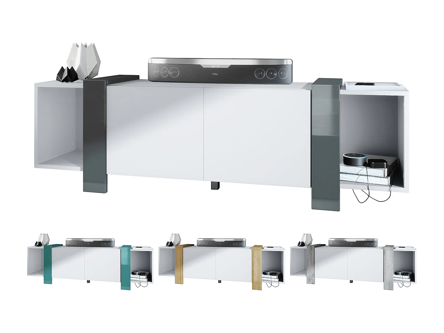 Lowboard Ida 149 x 45,5 x 34 cm Buffet TV avec 4 compartiments et portes PTO, caisson en blanc mat, façades en Mûre haute brillance | Grand choix de couleurs