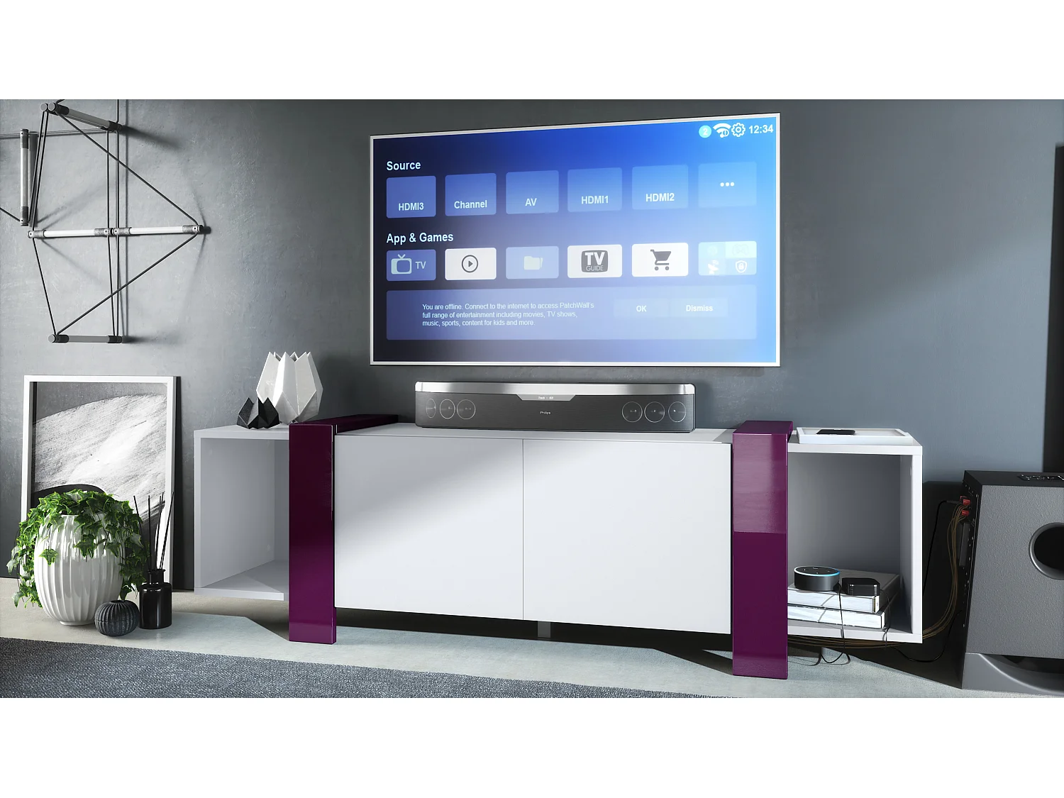 Lowboard Ida 149 x 45,5 x 34 cm Buffet TV avec 4 compartiments et portes PTO, caisson en blanc mat, façades en Mûre haute brillance | Grand choix de couleurs