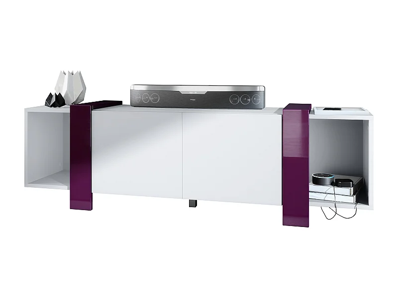 Lowboard Ida 149 x 45,5 x 34 cm Buffet TV avec 4 compartiments et portes PTO, caisson en blanc mat, façades en Mûre haute brillance | Grand choix de couleurs