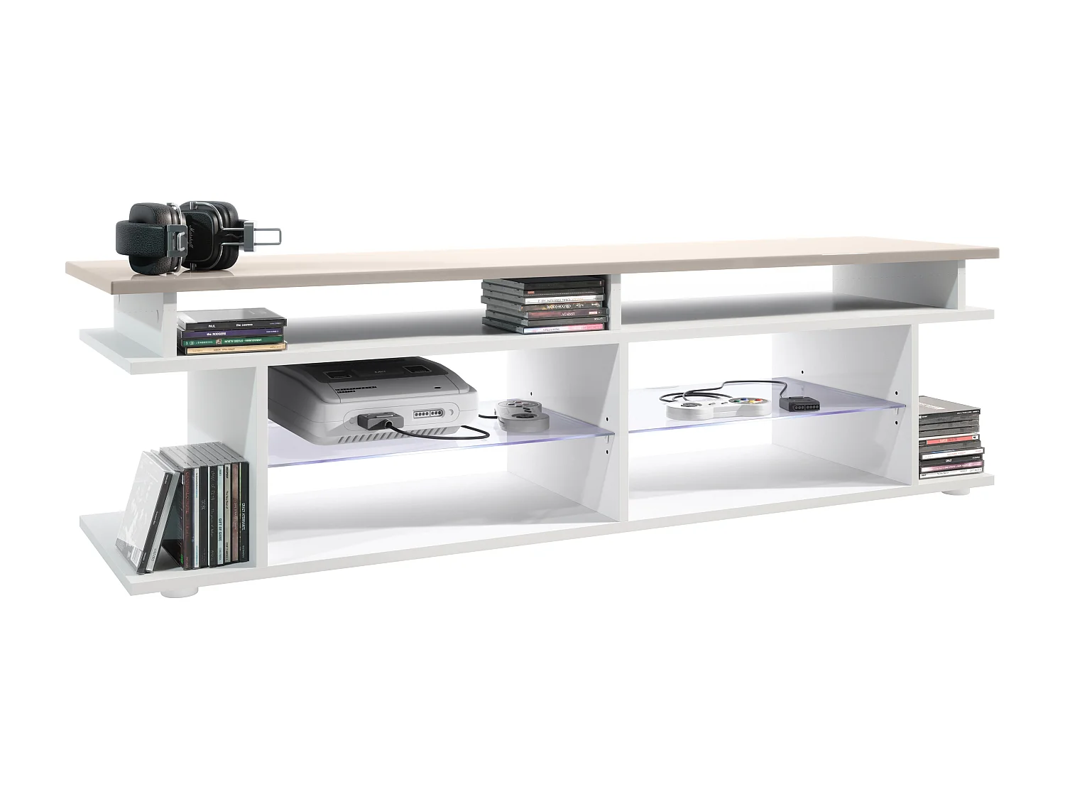 TV Board Movie V3 Game On 138,5 x 39 x 37,5 cm éclairage LED inclus Bleu, caisson en blanc mat, élément supérieur en gris sable haute brillance