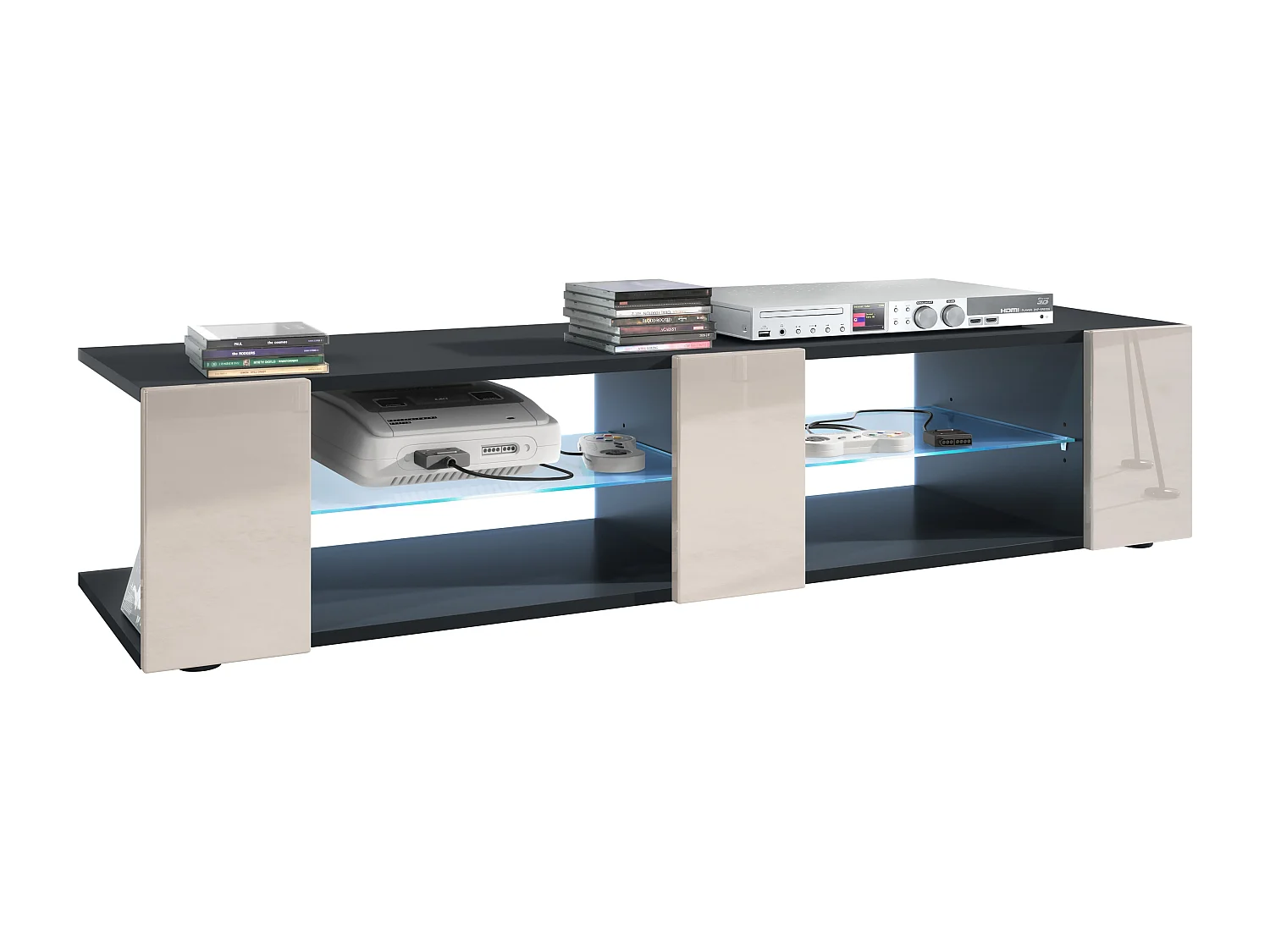 Buffet bas Movie V2, Meuble TV avec 6 compartiments ouverts et placages décoratifs, Noir mat/Gris sable brillant, éclairage LED bleu inclus (134 x 29 x 39 cm)