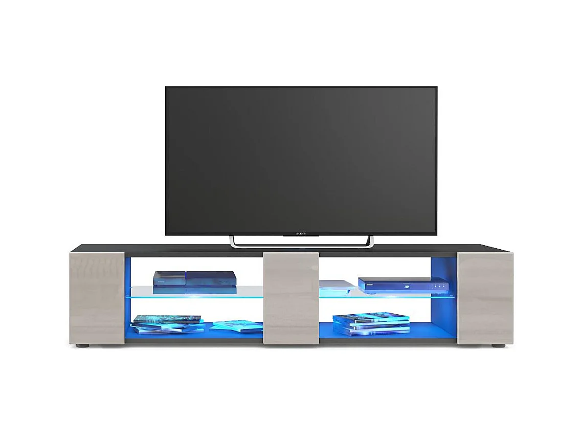 Buffet bas Movie V2, Meuble TV avec 6 compartiments ouverts et placages décoratifs, Noir mat/Gris sable brillant, éclairage LED bleu inclus (134 x 29 x 39 cm)