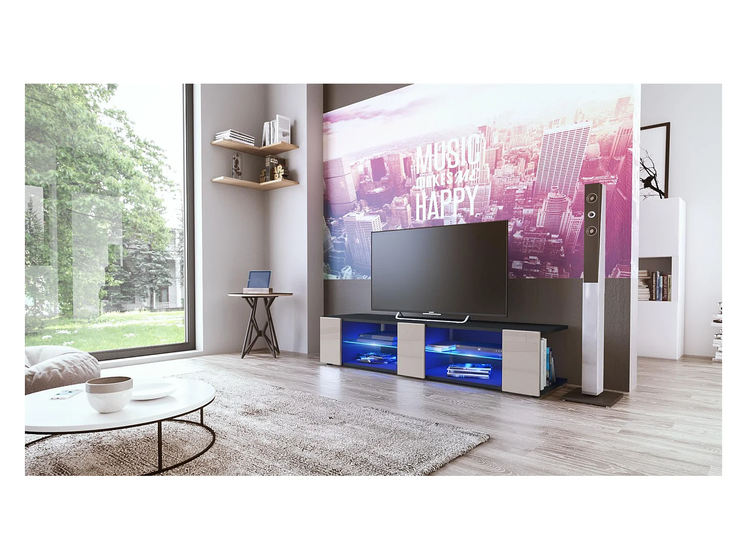 Buffet bas Movie V2, Meuble TV avec 6 compartiments ouverts et placages décoratifs, Noir mat/Gris sable brillant, éclairage LED bleu inclus (134 x 29 x 39 cm)