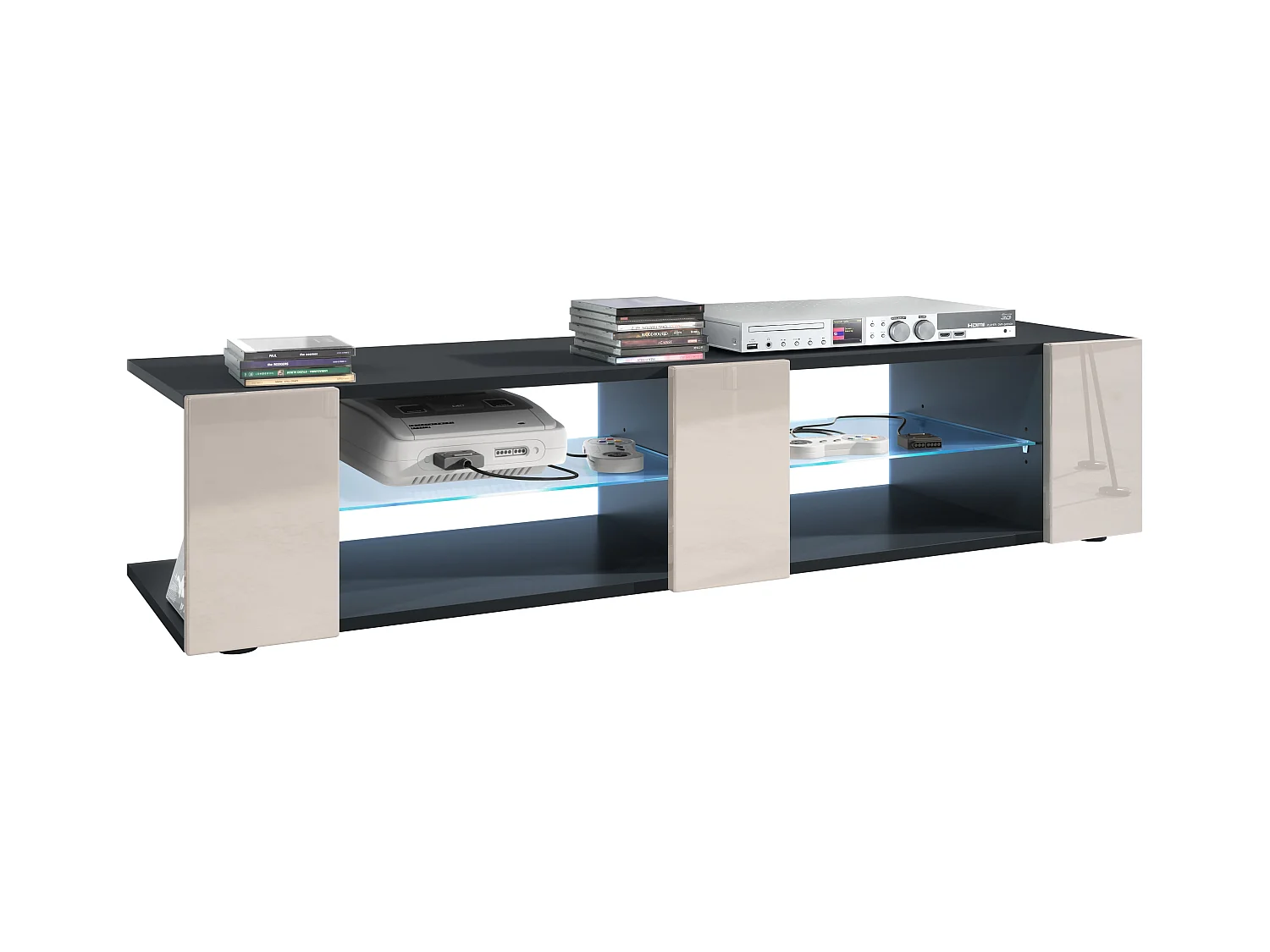 Buffet bas Movie V2, Meuble TV avec 6 compartiments ouverts et placages décoratifs, Noir mat/Gris sable brillant, éclairage LED bleu inclus (134 x 29 x 39 cm)