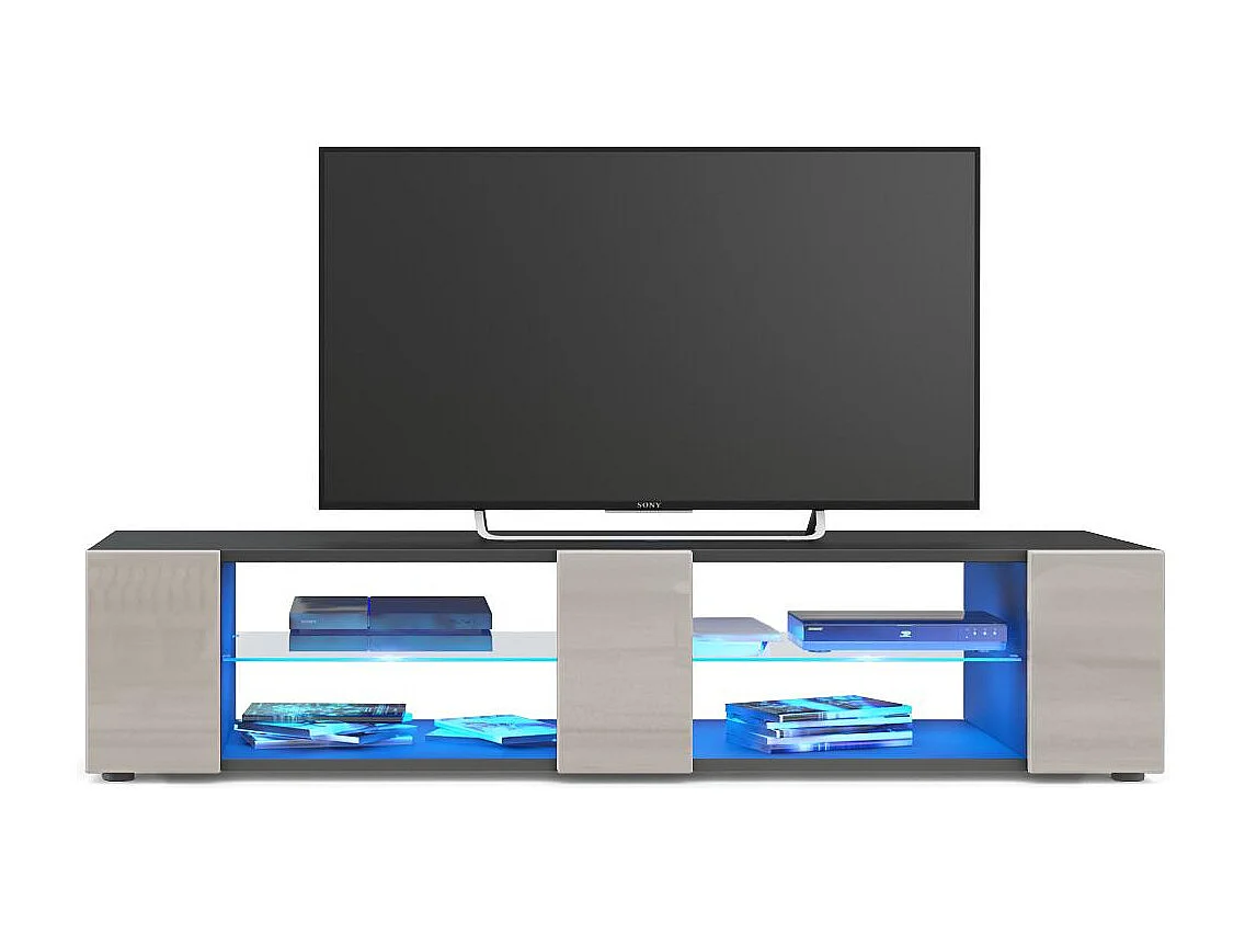Buffet bas Movie V2, Meuble TV avec 6 compartiments ouverts et placages décoratifs, Noir mat/Gris sable brillant, éclairage LED bleu inclus (134 x 29 x 39 cm)