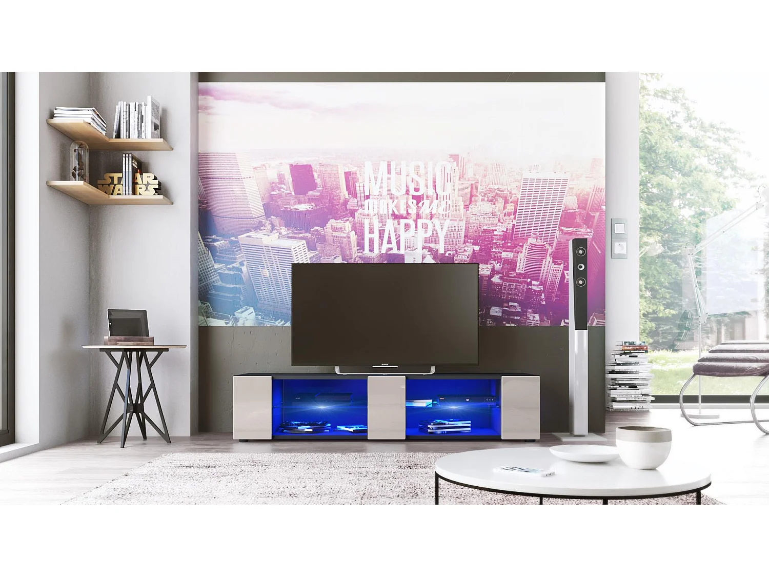 Buffet bas Movie V2, Meuble TV avec 6 compartiments ouverts et placages décoratifs, Noir mat/Gris sable brillant, éclairage LED bleu inclus (134 x 29 x 39 cm)