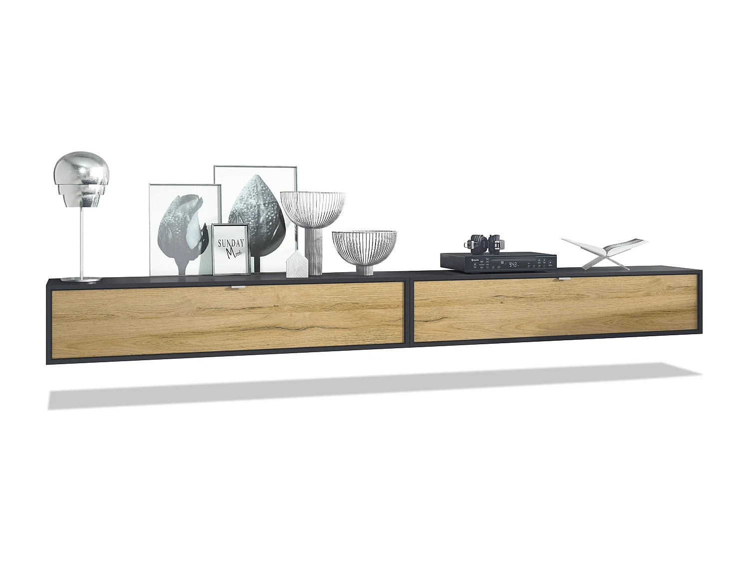 Ensemble de 2 set meuble TV Lana 140, lowboards de 140x29x37 cm chacun avec beaucoup d'espace de rangement, caisson en Noir mat, façades en Chêne Nature