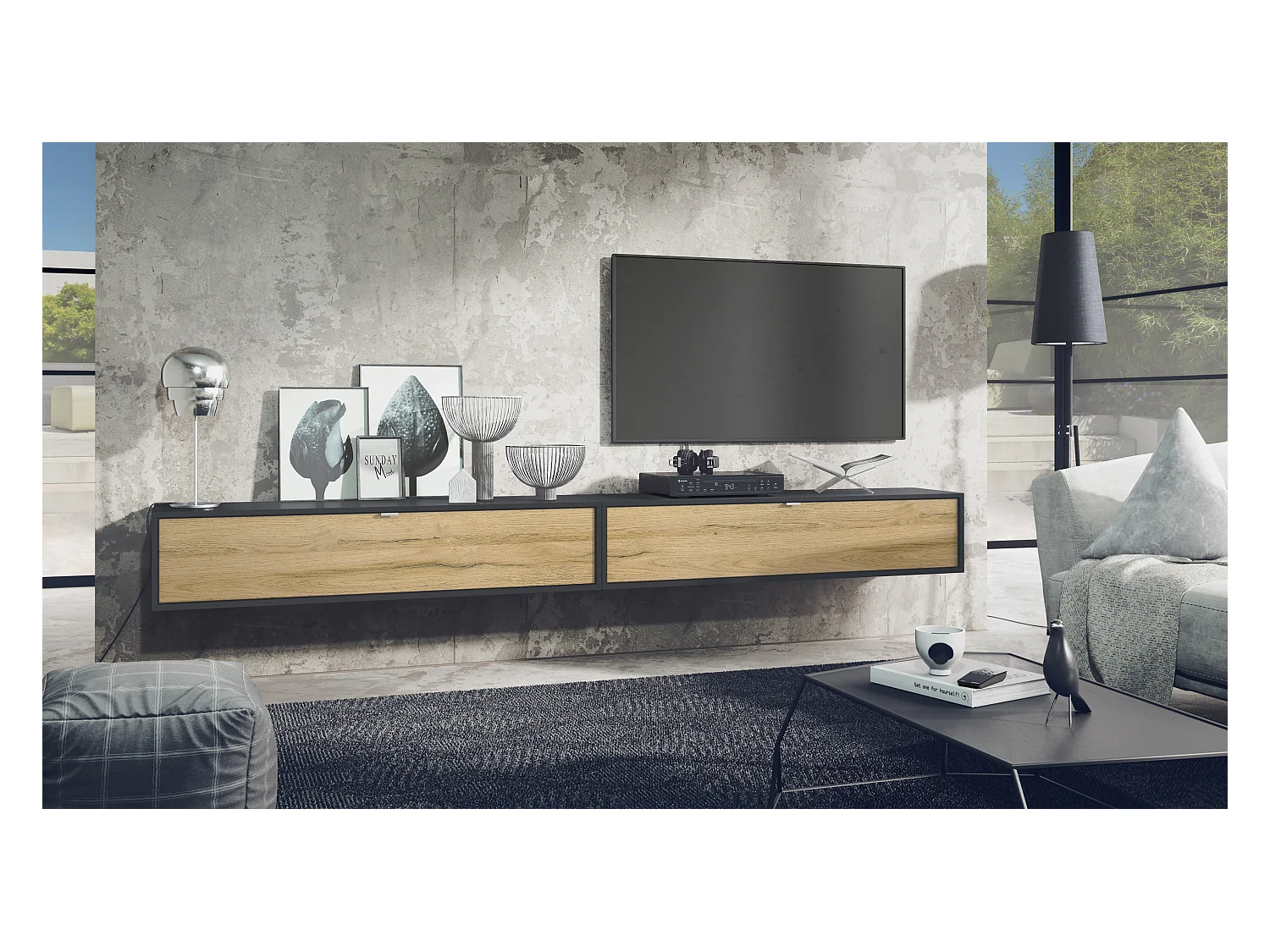 Ensemble de 2 set meuble TV Lana 140, lowboards de 140x29x37 cm chacun avec beaucoup d'espace de rangement, caisson en Noir mat, façades en Chêne Nature