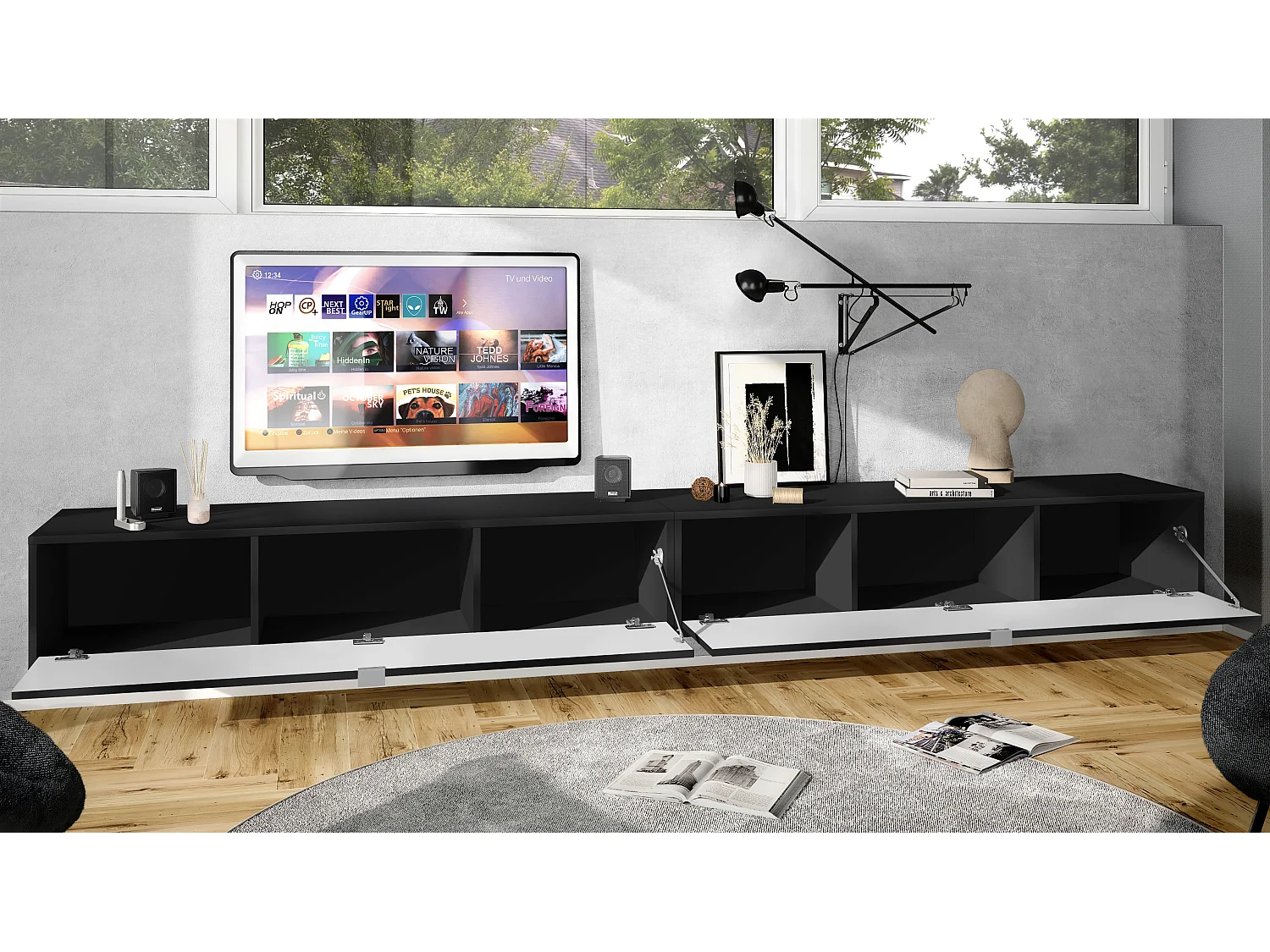 Ensemble de 2 set meuble TV Lana 140, lowboards de 140x29x37 cm chacun avec beaucoup d'espace de rangement, caisson en Noir mat, façades en Chêne Nature