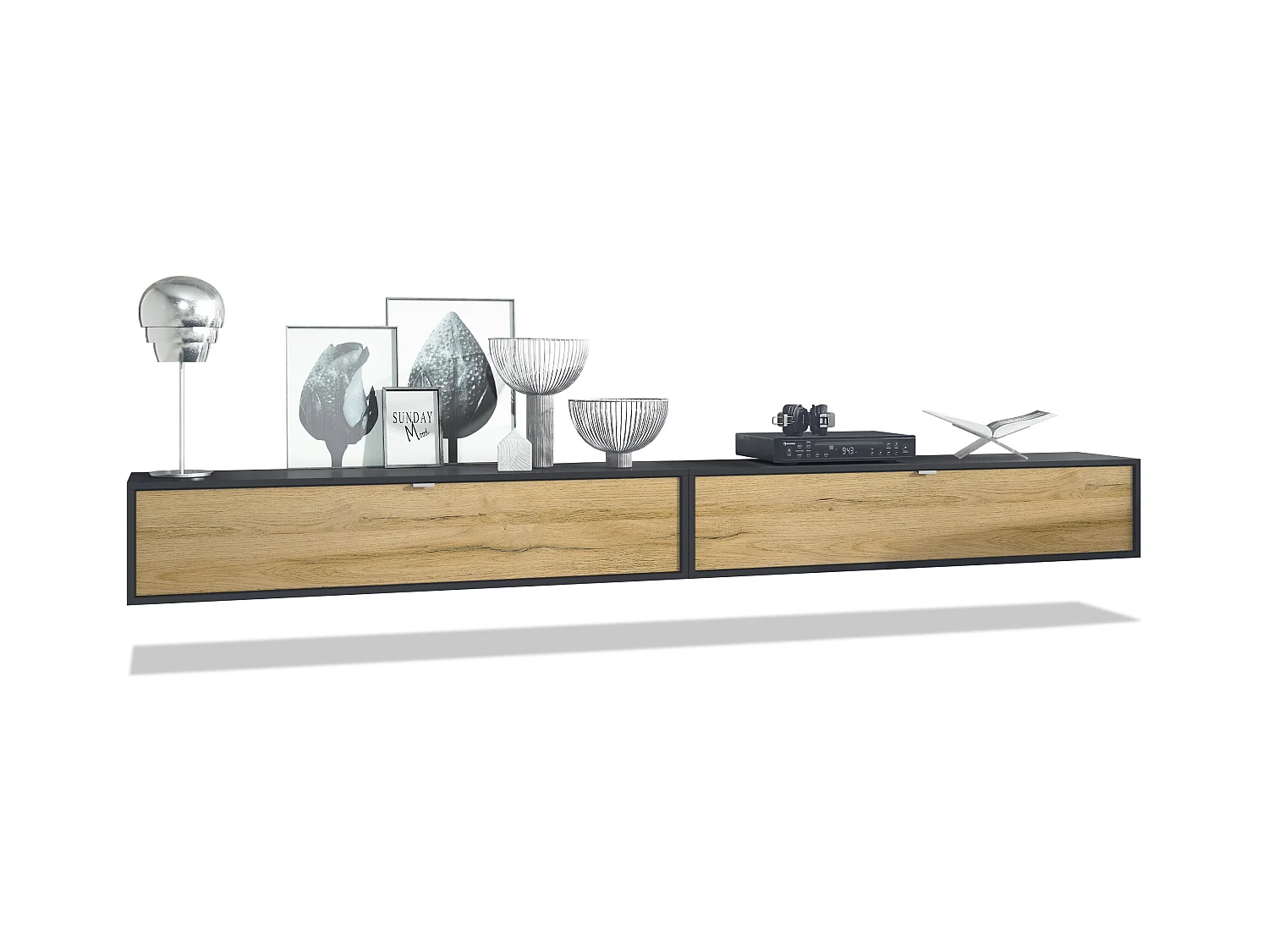 Ensemble de 2 set meuble TV Lana 140, lowboards de 140x29x37 cm chacun avec beaucoup d'espace de rangement, caisson en Noir mat, façades en Chêne Nature