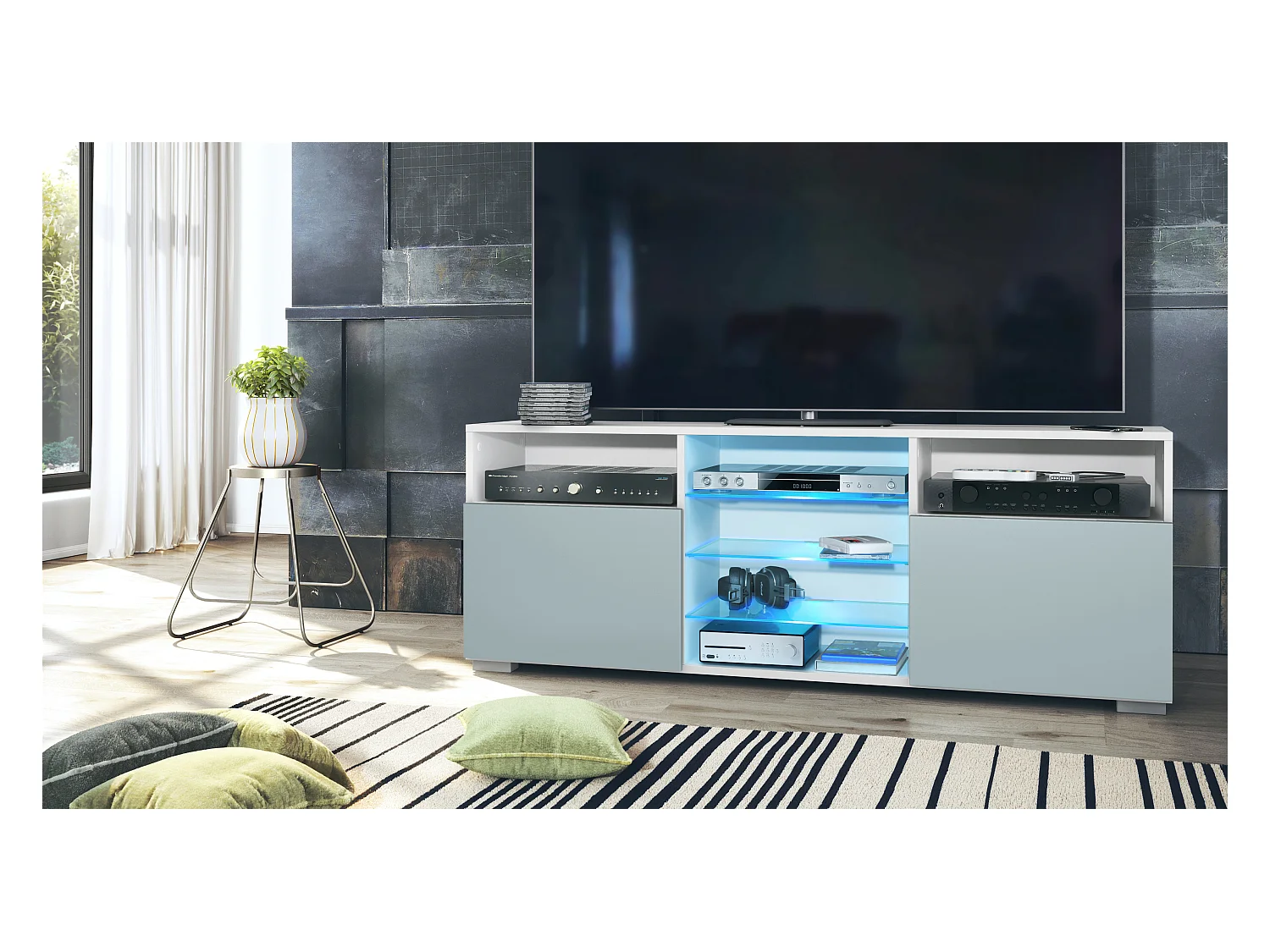 Meuble TV Granada, Lowboard avec 2 portes et 6 compartiments ouverts, corps blanc mat, façades en denim mat avec éclairage LED RVB (146 x 54 x 35 cm)