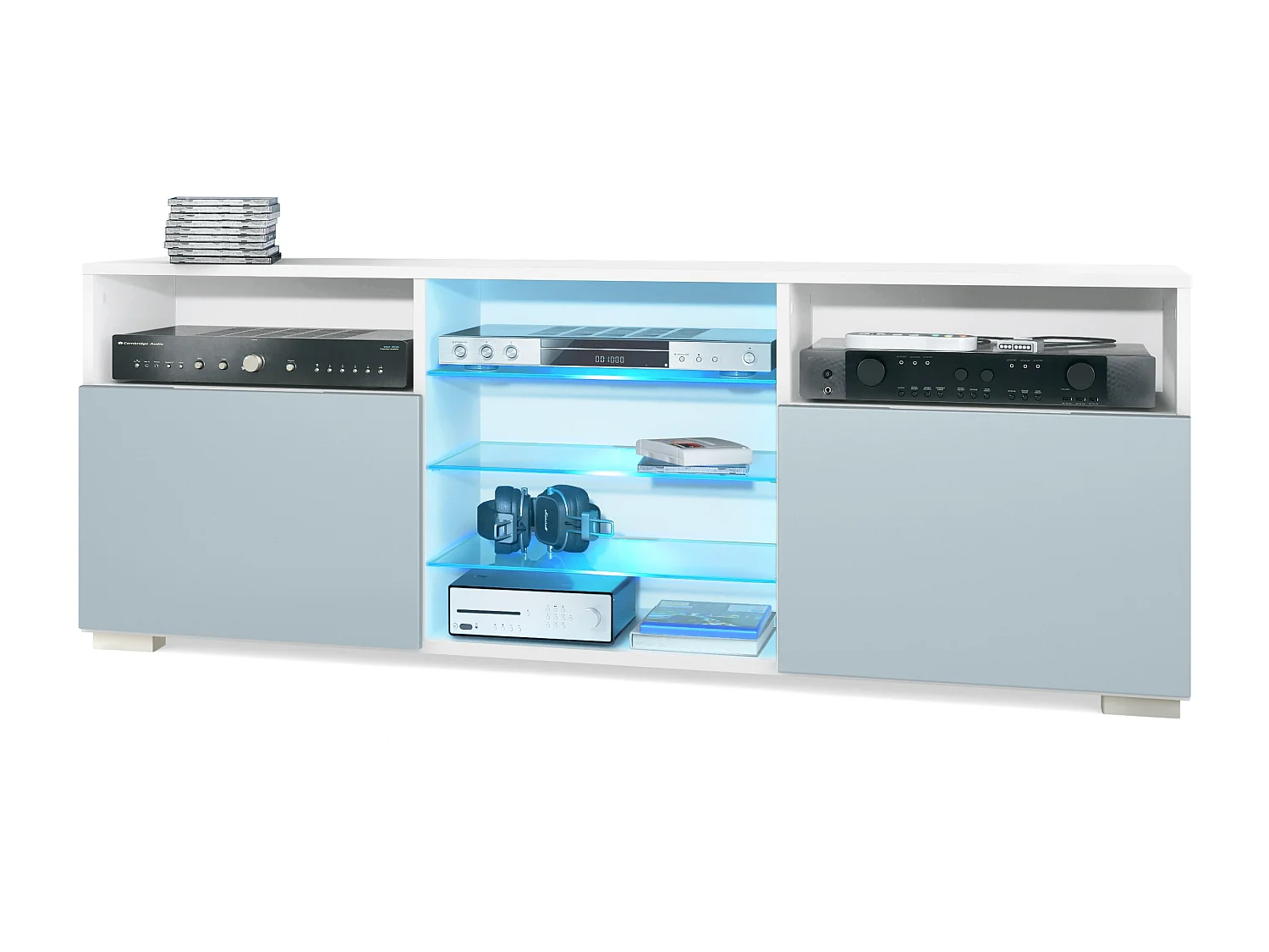 Meuble TV Granada, Lowboard avec 2 portes et 6 compartiments ouverts, corps blanc mat, façades en denim mat avec éclairage LED RVB (146 x 54 x 35 cm)