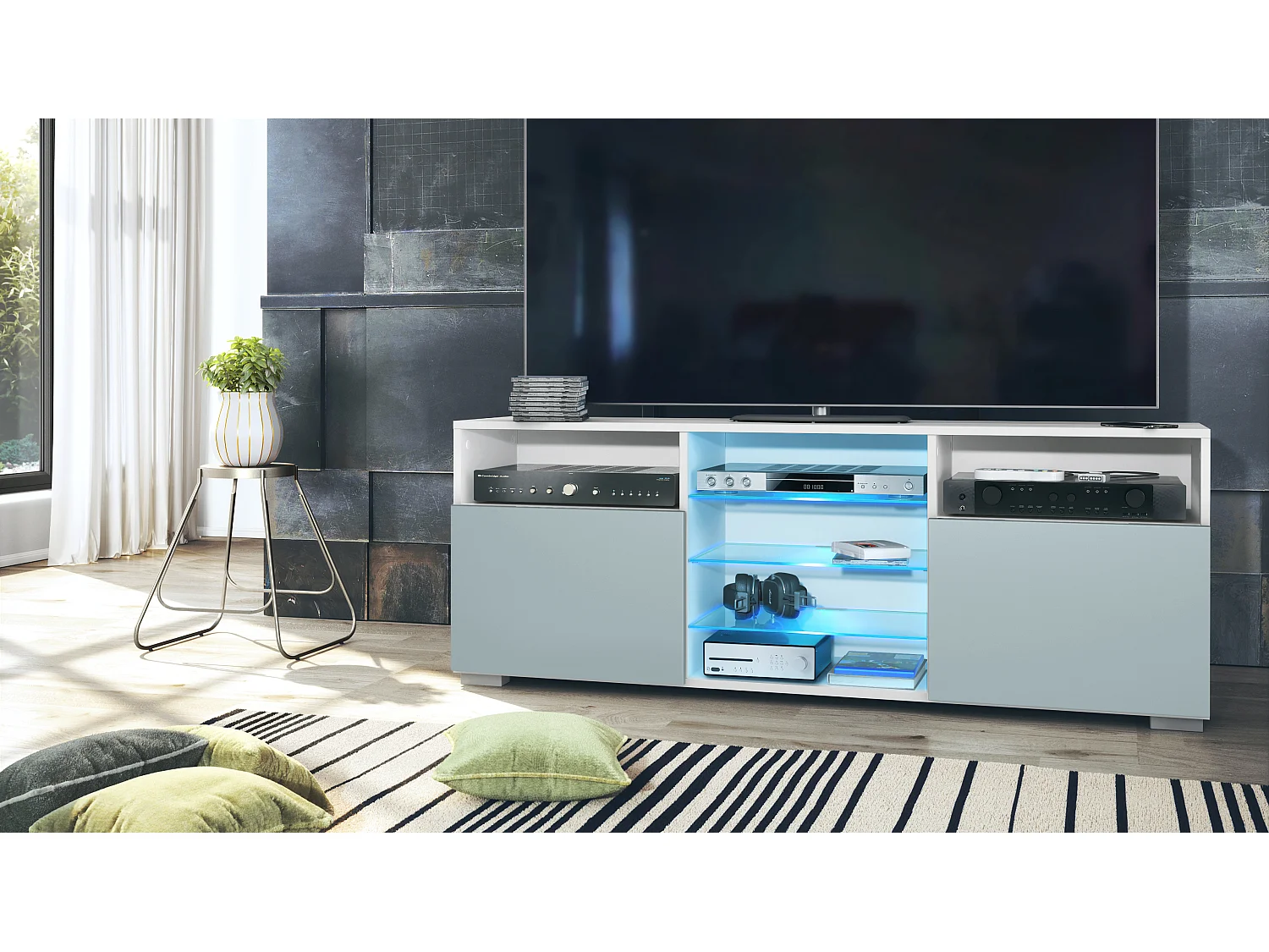 Meuble TV Granada, Lowboard avec 2 portes et 6 compartiments ouverts, corps blanc mat, façades en denim mat avec éclairage LED RVB (146 x 54 x 35 cm)