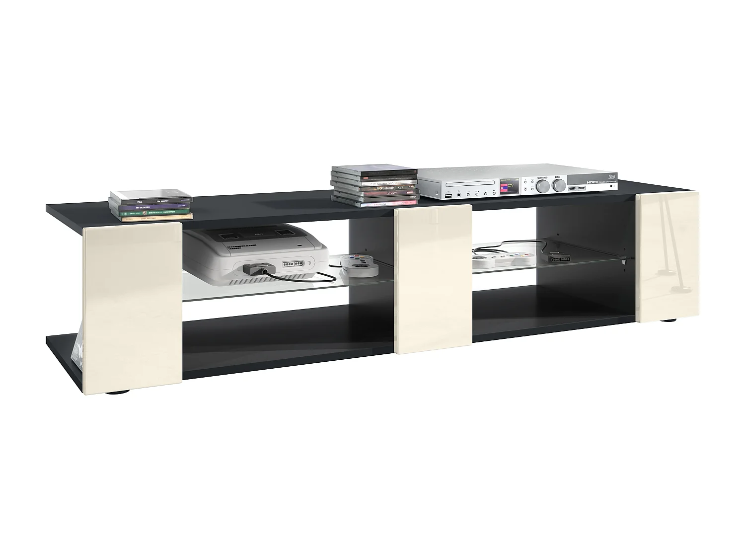 Buffet bas Movie V2, Meuble TV avec 6 compartiments ouverts et placages décoratifs, Noir mat/Crème haute brillance (134 x 29 x 39 cm)