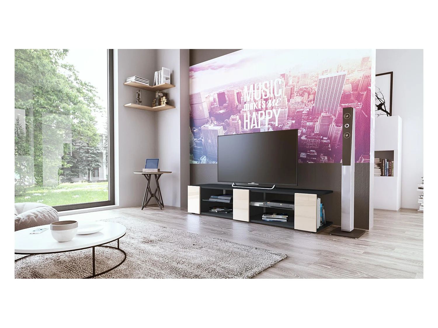 Buffet bas Movie V2, Meuble TV avec 6 compartiments ouverts et placages décoratifs, Noir mat/Crème haute brillance (134 x 29 x 39 cm)