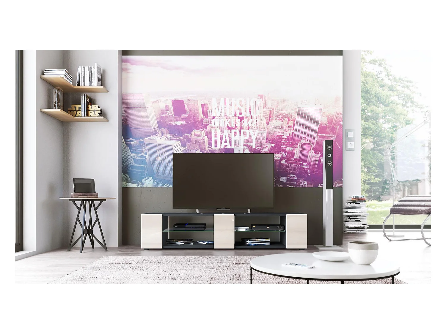 Buffet bas Movie V2, Meuble TV avec 6 compartiments ouverts et placages décoratifs, Noir mat/Crème haute brillance (134 x 29 x 39 cm)