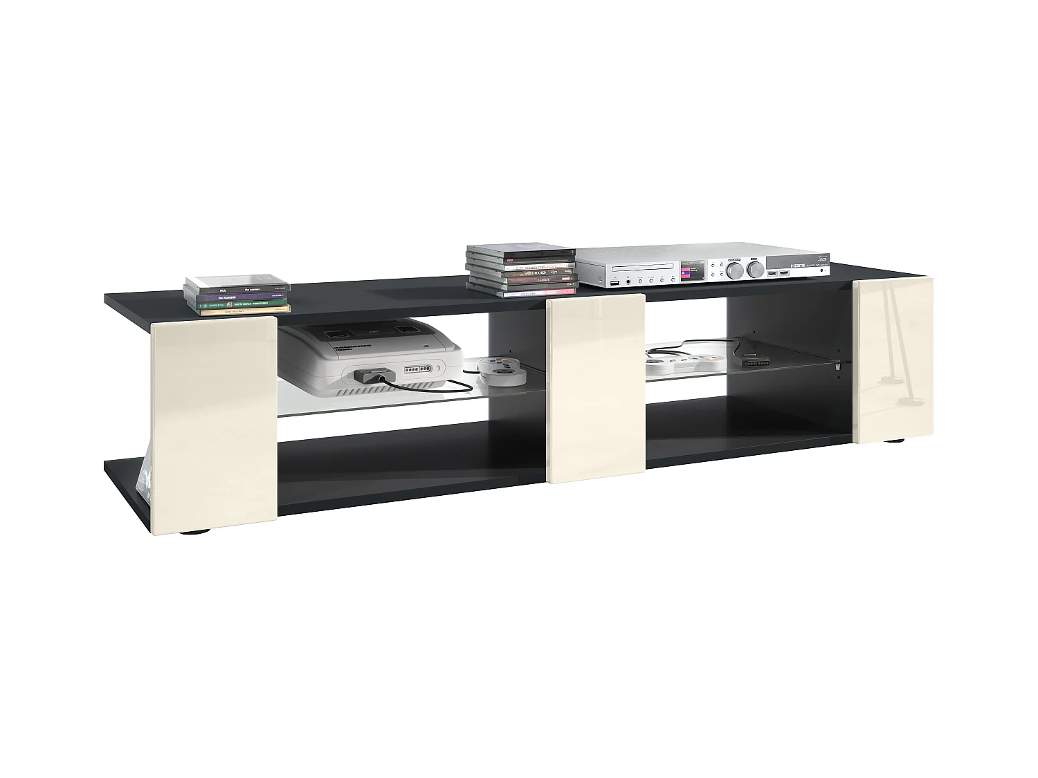 Buffet bas Movie V2, Meuble TV avec 6 compartiments ouverts et placages décoratifs, Noir mat/Crème haute brillance (134 x 29 x 39 cm)
