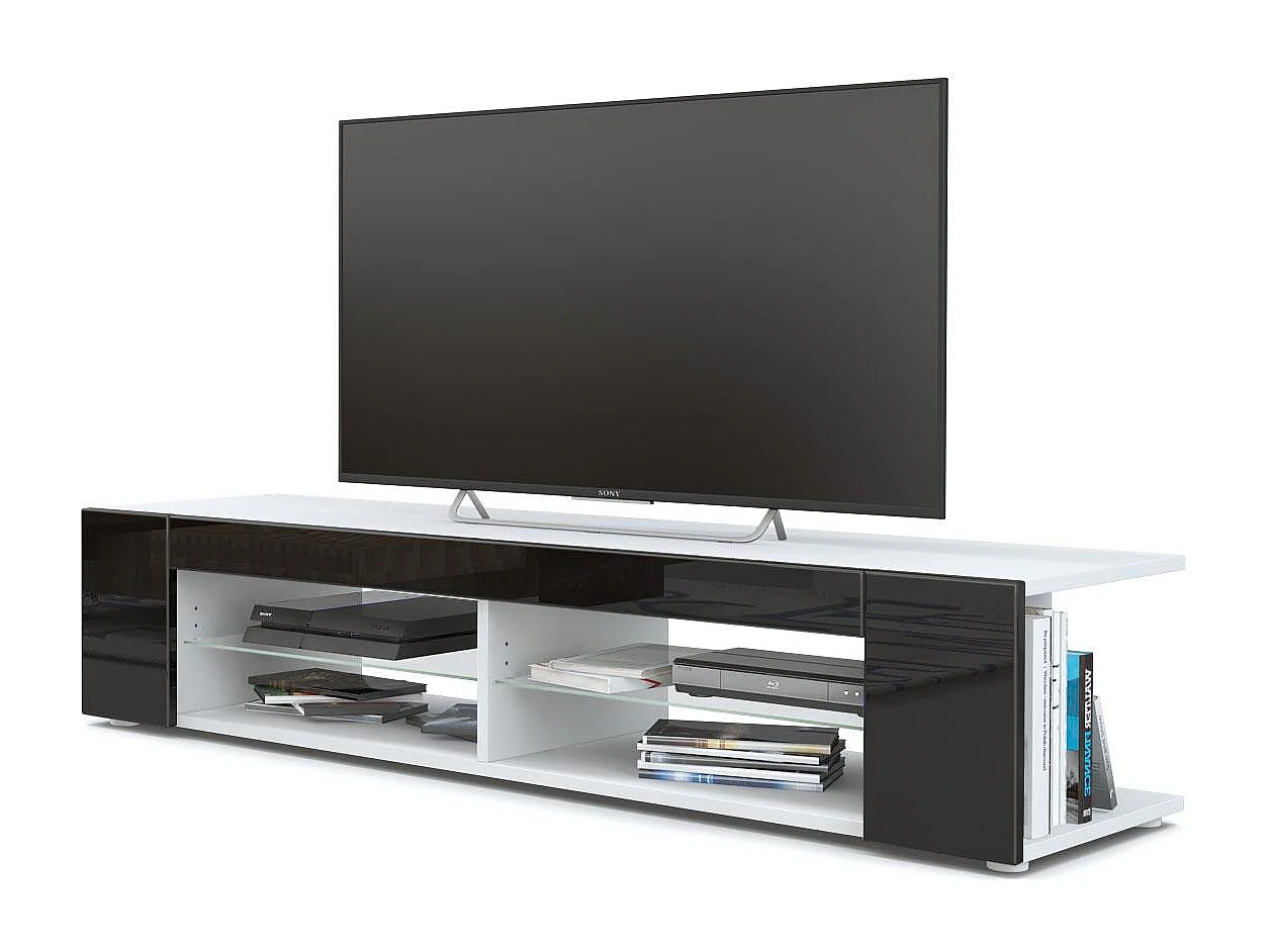 Buffet bas Movie, Meuble TV avec 4 compartiments ouverts et placages décoratifs, Blanc mat/Noir haute brillance (134 x 29 x 39 cm)