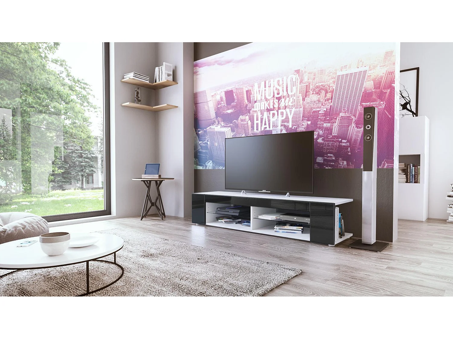 Buffet bas Movie, Meuble TV avec 4 compartiments ouverts et placages décoratifs, Blanc mat/Noir haute brillance (134 x 29 x 39 cm)