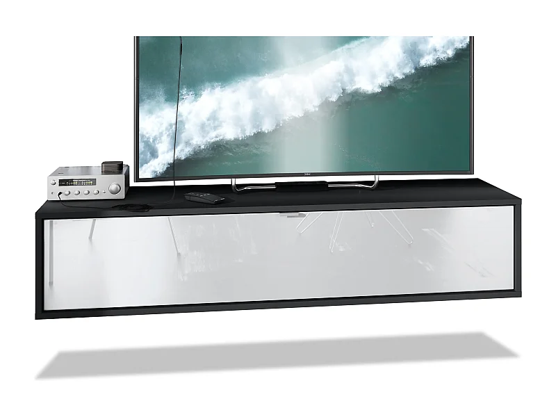 Meuble TV Lana 140 armoire murale lowboard 140 x 29 x 37 cm, caisson en Noir mat, façades en blanc haute brillance | Grand choix de couleurs