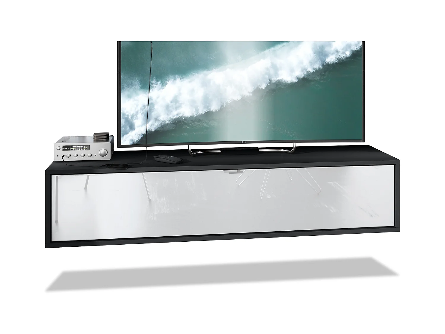 Meuble TV Lana 140 armoire murale lowboard 140 x 29 x 37 cm, caisson en Noir mat, façades en blanc haute brillance | Grand choix de couleurs