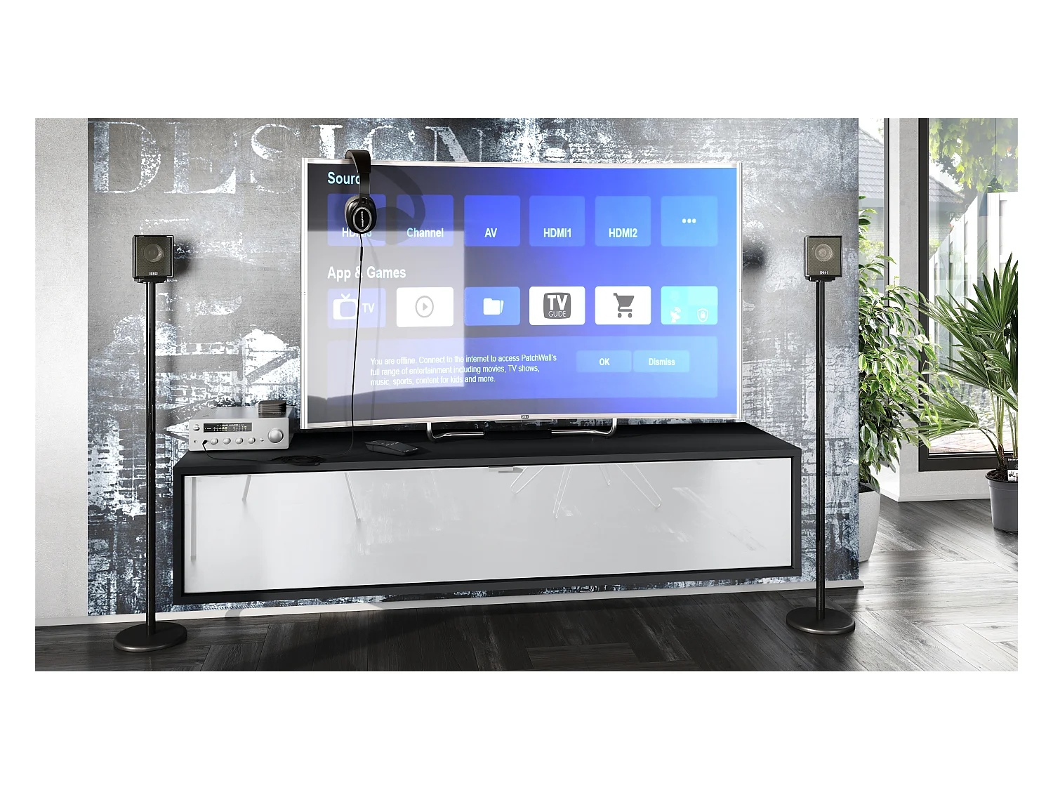 Meuble TV Lana 140 armoire murale lowboard 140 x 29 x 37 cm, caisson en Noir mat, façades en blanc haute brillance | Grand choix de couleurs