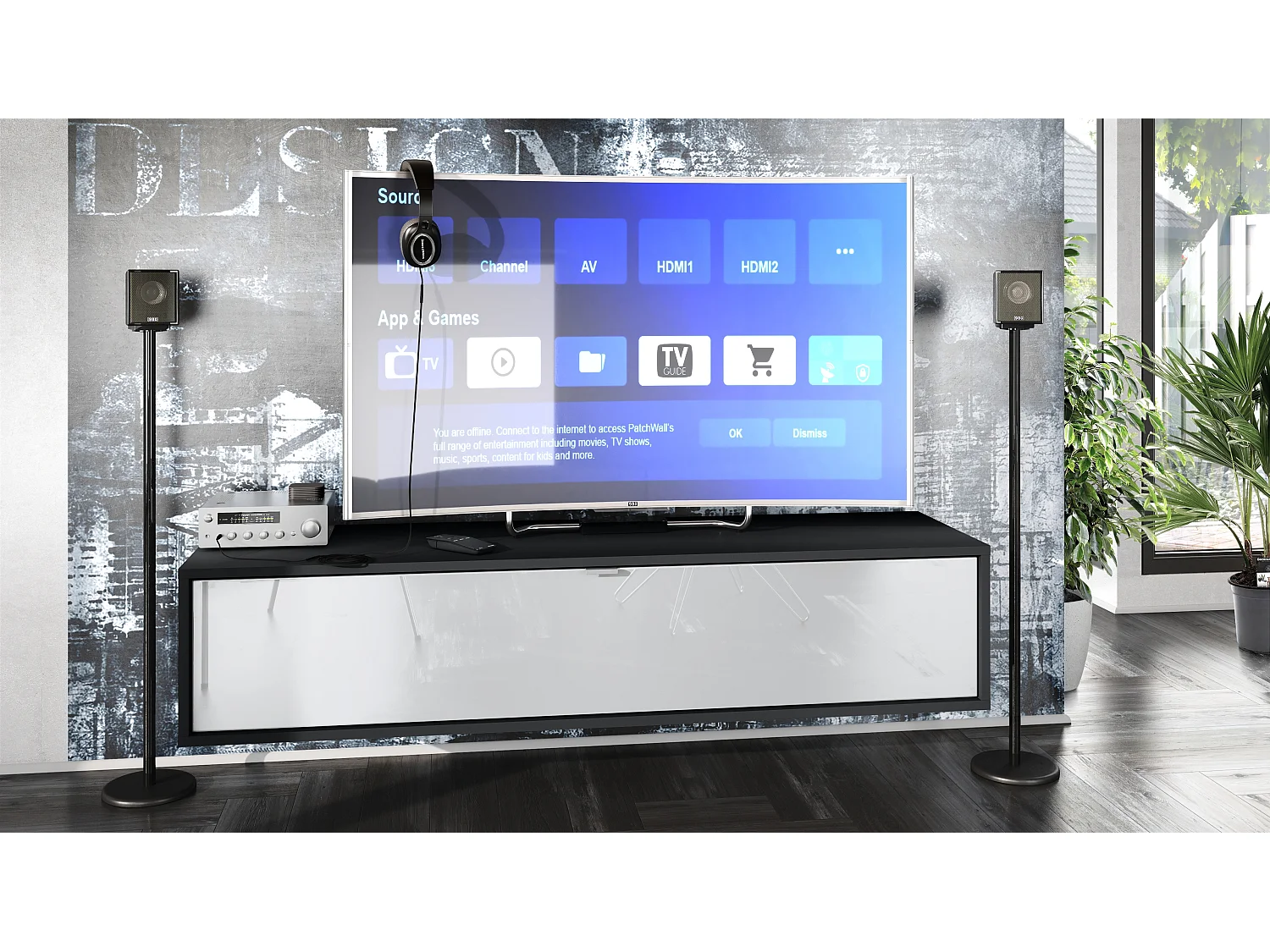 Meuble TV Lana 140 armoire murale lowboard 140 x 29 x 37 cm, caisson en Noir mat, façades en blanc haute brillance | Grand choix de couleurs