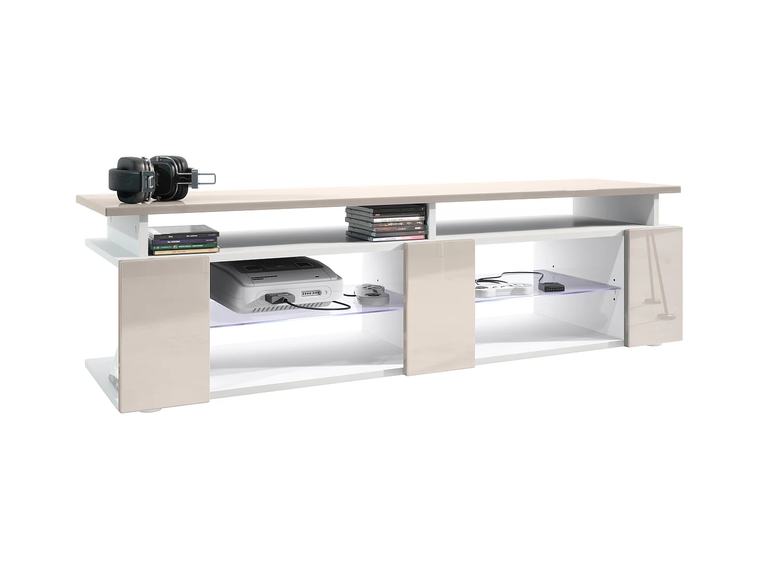 TV Board Movie V2 Game On Lowboard 138,5 x 39 x 39 cm éclairage LED inclus Blanc, caisson en blanc mat, façades en gris sable haute brillance