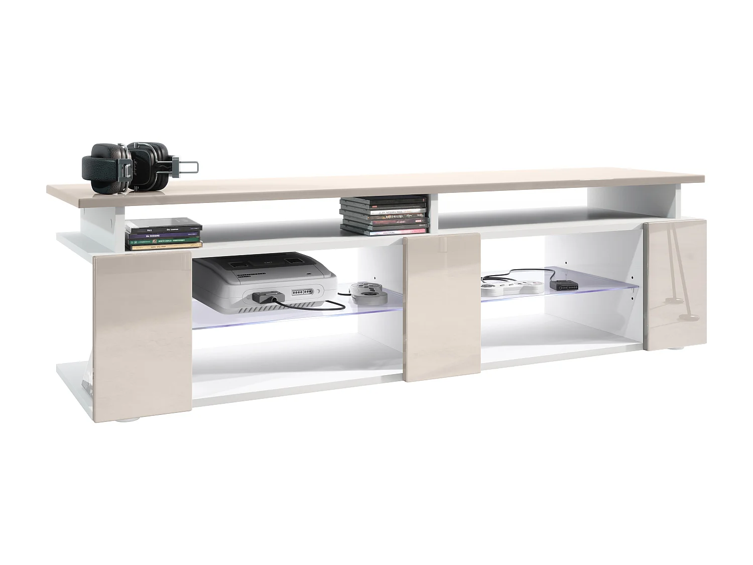 TV Board Movie V2 Game On Lowboard 138,5 x 39 x 39 cm éclairage LED inclus Blanc, caisson en blanc mat, façades en gris sable haute brillance