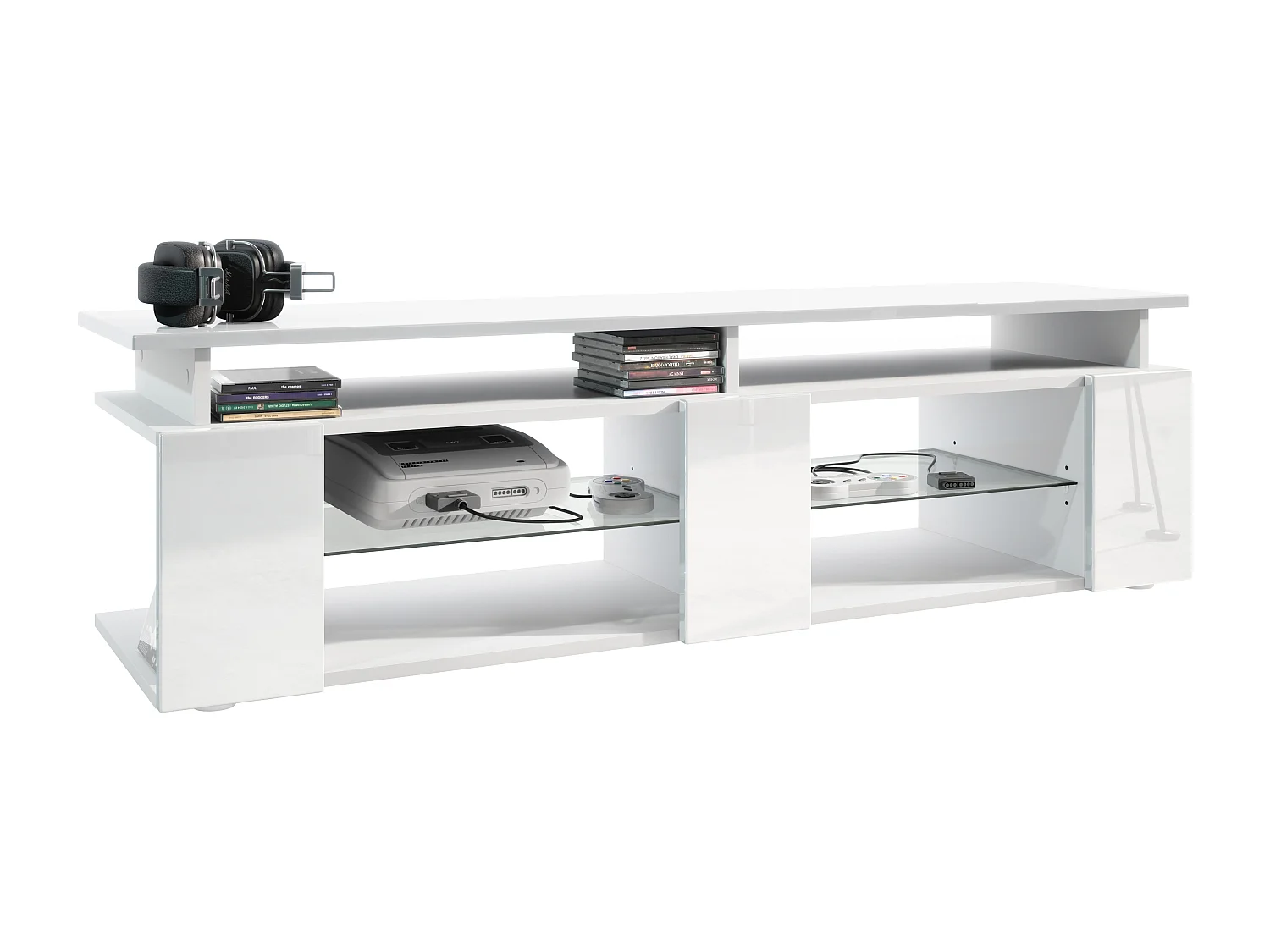 TV Board Movie V2 Game On Lowboard 138,5 x 39 x 39 cm , caisson en blanc mat, façades en blanc haute brillance