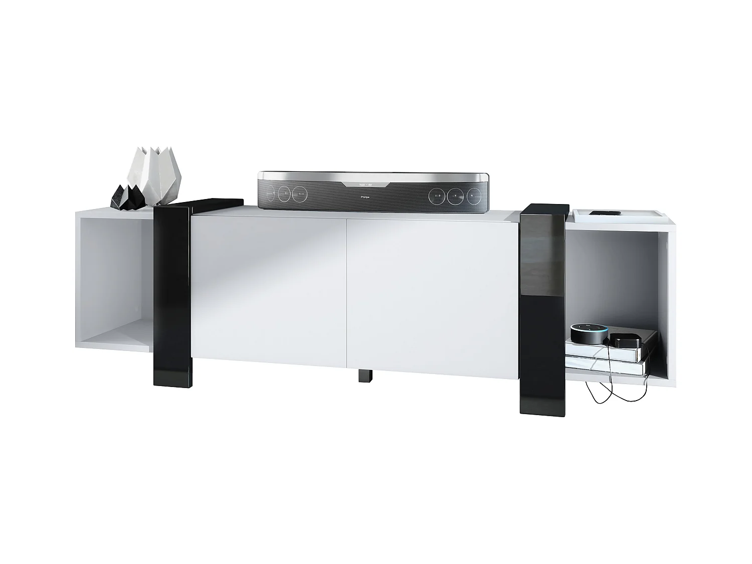 Lowboard Ida 149 x 45,5 x 34 cm Buffet TV avec 4 compartiments et portes PTO, caisson en blanc mat, façades en Noir haute brillance | Grand choix de couleurs